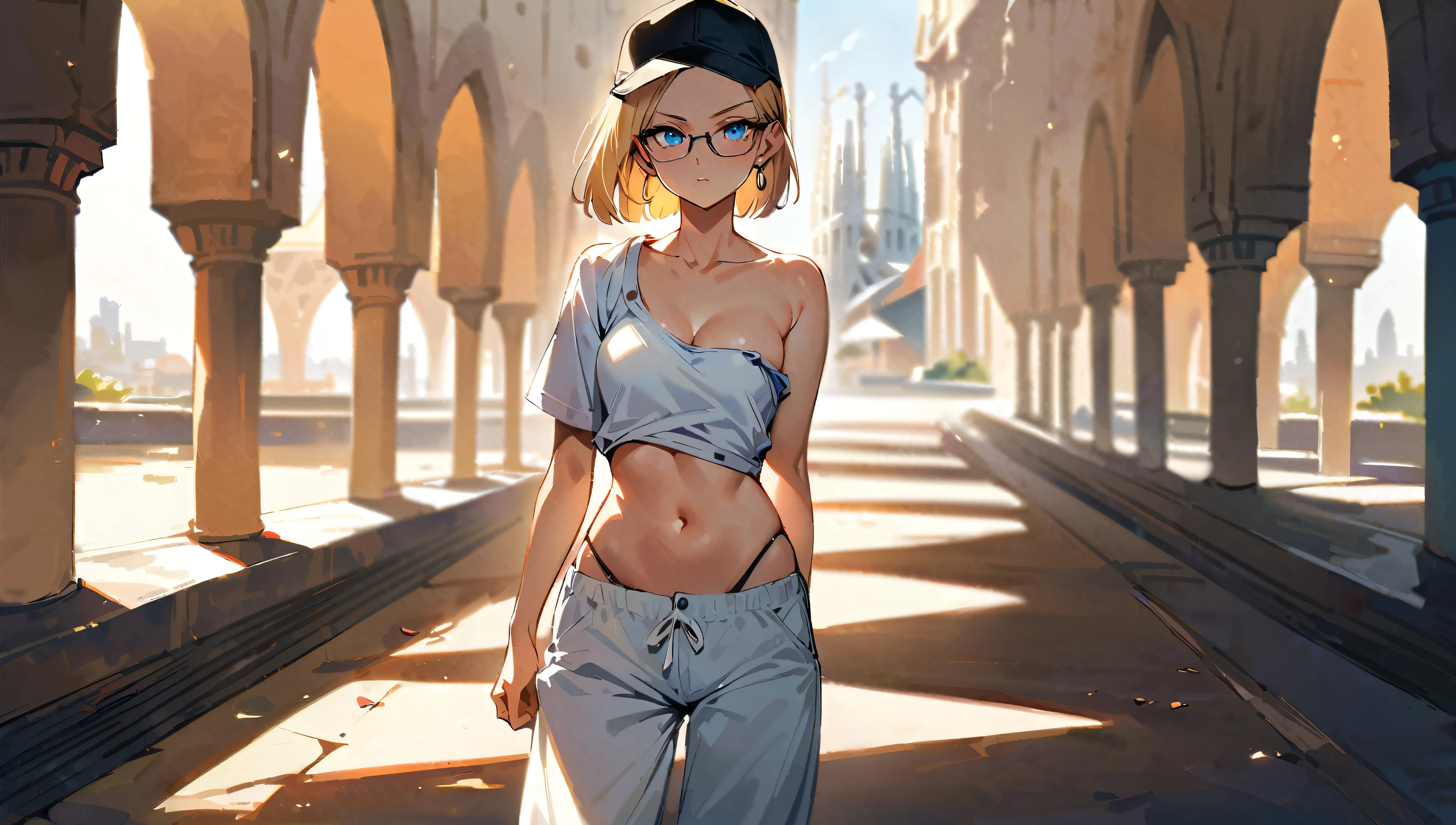 (masterpiece, best quality:1.2), cowboy shot, solo, Android 18 from Dragon Ball, collarbone, cleavage, ((slip-on one-shoulder crop top)), (light gray top:1.2), no jacket, midriff-baring, navel, ((white baggy pants with one button undone)), skimpy thong swimsuit, small breasts, short blonde hair loose, ((blue eyes)), ((wearing glasses)), earrings on earlobes, slender feminine figure, narrow waistline, skinny body, (plane black cap), (cap without logo), beach sandals, sunlight, walking, looking at viewer, light blush, arms behind back, Sagrada Familia, natural lighting and shadows, blur background, 4K