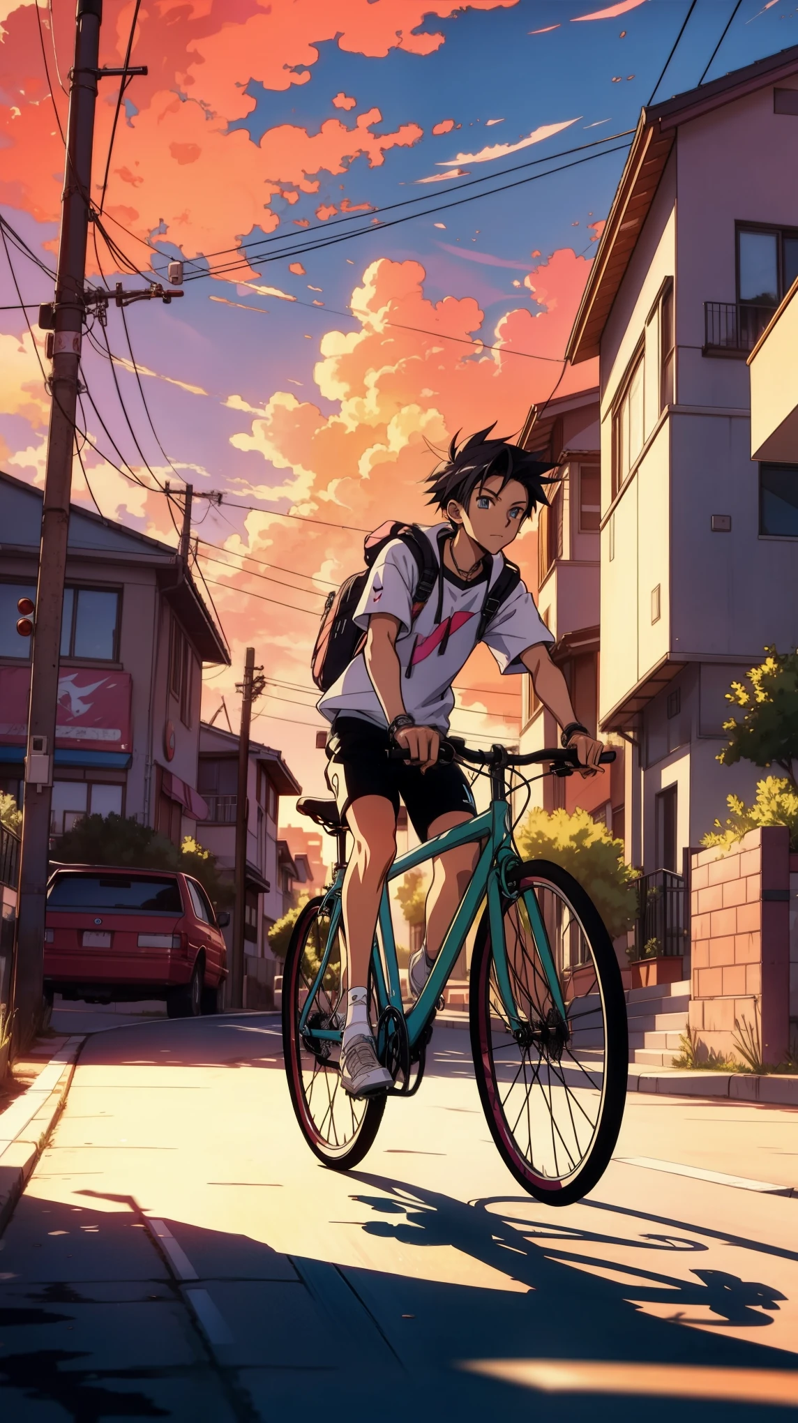 thin outlines, anime style, cool and edgy, A teenager riding his bike through a suburban neighborhood at sunset, the sky painted with vibrant colors, evoking a sense of adventure and freedom, cinematic lighting, epic atmosphere, nostalgic 90s internet aesthetics, random elements like floating geometric shapes, fashionable, posing, colorful, confident, expression, accessory, coiled, around, stylish, striking, modern, fashion
