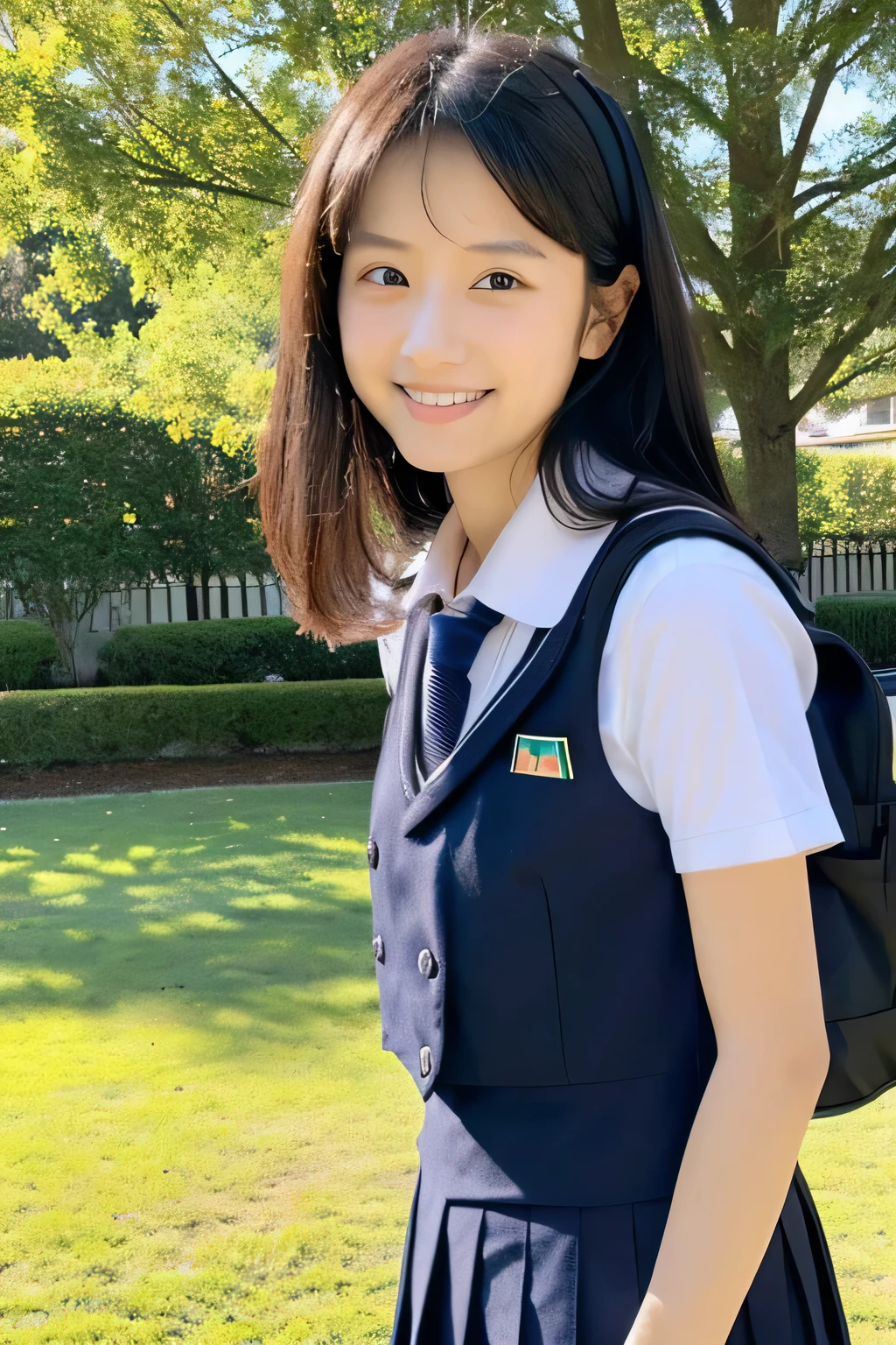 ((masterpiece)), japanese, (a girl), (18 years old), (((school uniform))), smiling, a park, dark blue knit vest, (crouch down), (view from front), sunshine,