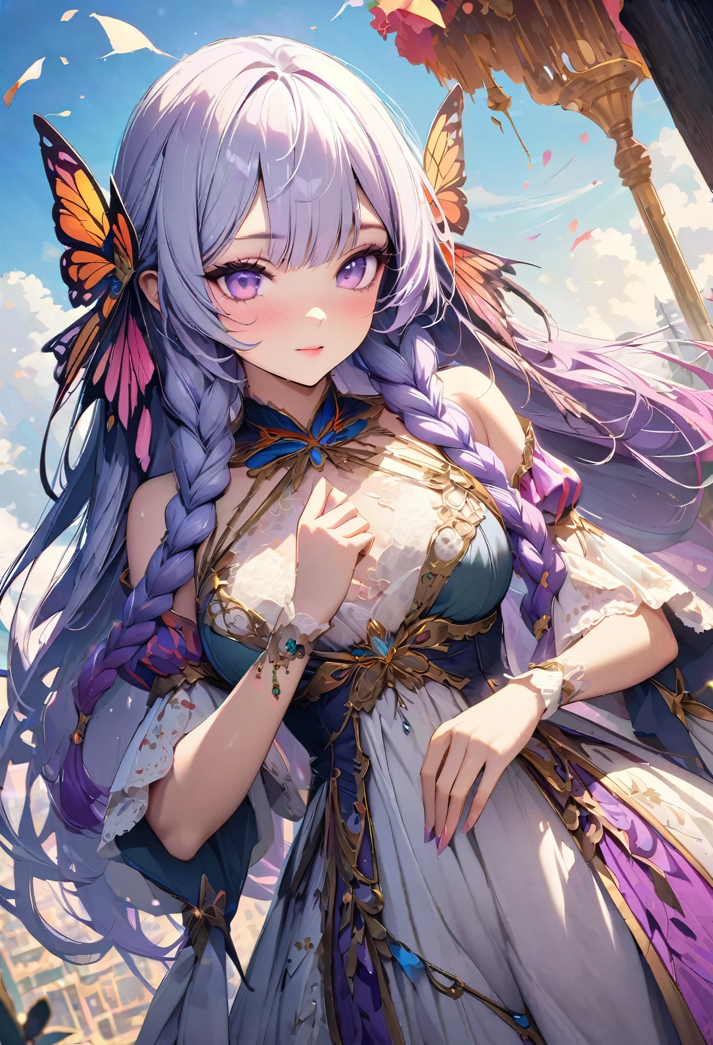 Butterfly pattern、Orange undertone、Vibrant colors、((masterpiece)))、(((Top quality)))、((Ultra Detailed))、(surreal)、(Highly detailed CG illustrations)、Official Art、1920s Style、Madame Papillon、yinji, (purple hair, purple eyes, long hair, white hair, double braids, gradient hair, Cruel beauty、Gorgeous、gorgeous、White lace、Gorgeous礼服、Jewelry、Perfect angle、Perfect composition、