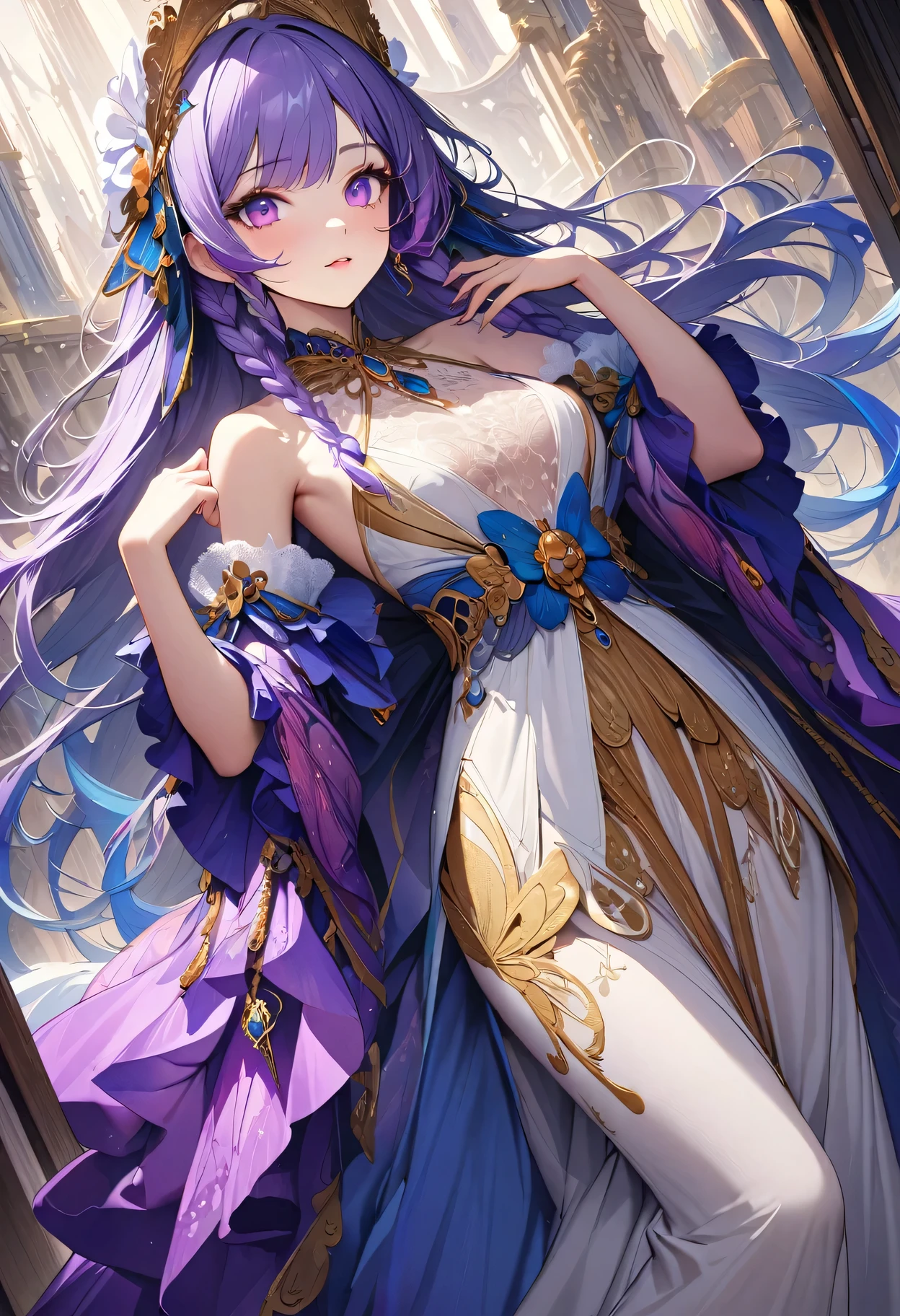 Butterfly pattern、Orange undertone、Vibrant colors、((masterpiece)))、(((Top quality)))、((Ultra Detailed))、(surreal)、(Highly detailed CG illustrations)、Official Art、1920s Style、Madame Papillon、yinji, (purple hair, purple eyes, long hair, white hair, double braids, gradient hair, Cruel beauty、Gorgeous、gorgeous、White lace、Gorgeous dress、Jewelry、Perfect angle、Perfect composition、