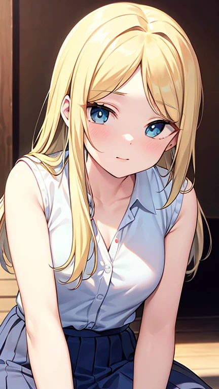 ((masterpiece, Top quality, Ultra-clear, HD)), Solitary, beautiful girl, Shining eyes, Perfect eyes, 18 years old, winry rockbell, winry rockbell, blue eyes, Blonde Hair, off and on long hair, skirt, shirt, Jewel-like, white shirt, pleated skirt, ear nipple ring, Sleeveless, blue skirt, arms, Sleeveless shirt, off and on indoors, off and on looking at viewer, off and on (masterpiece:1.2), Best quality, high resolution, Unity8k wallpaper, (Implications:0.8), (Beautiful and delicate eyes:1.6), Extremely detailed face, perfect ligthing, Extremely detailed CG, (Perfect hands, perfect anatomy),