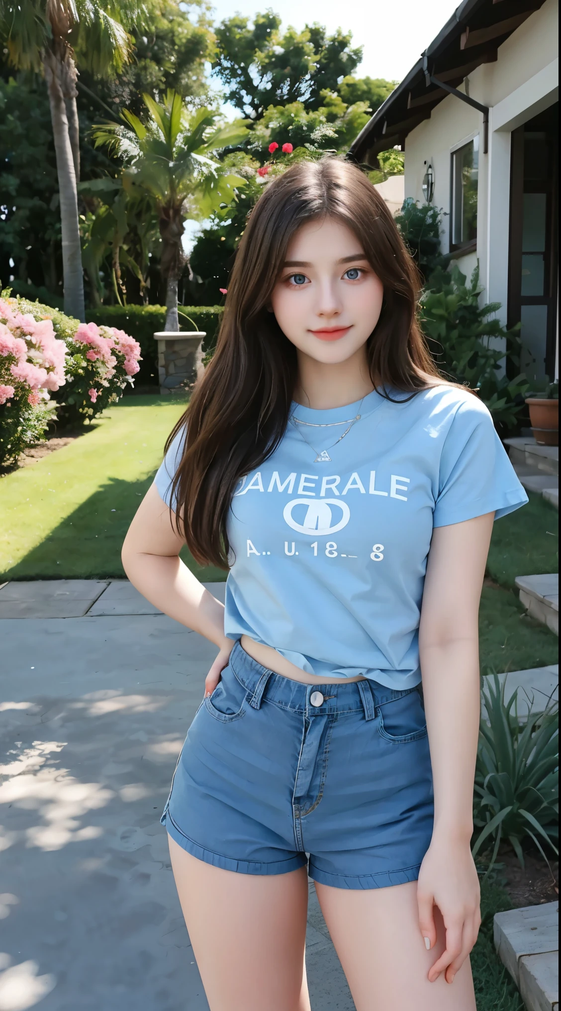 Gorgeus Girl, Beautiful, , 20 Years Old, White Skin, Beside, Sexy Pose, blue t-shirt, Blue Eye, Bokeh, front yard of the house Background, Masterpiece, Fullbody Shot, short pants