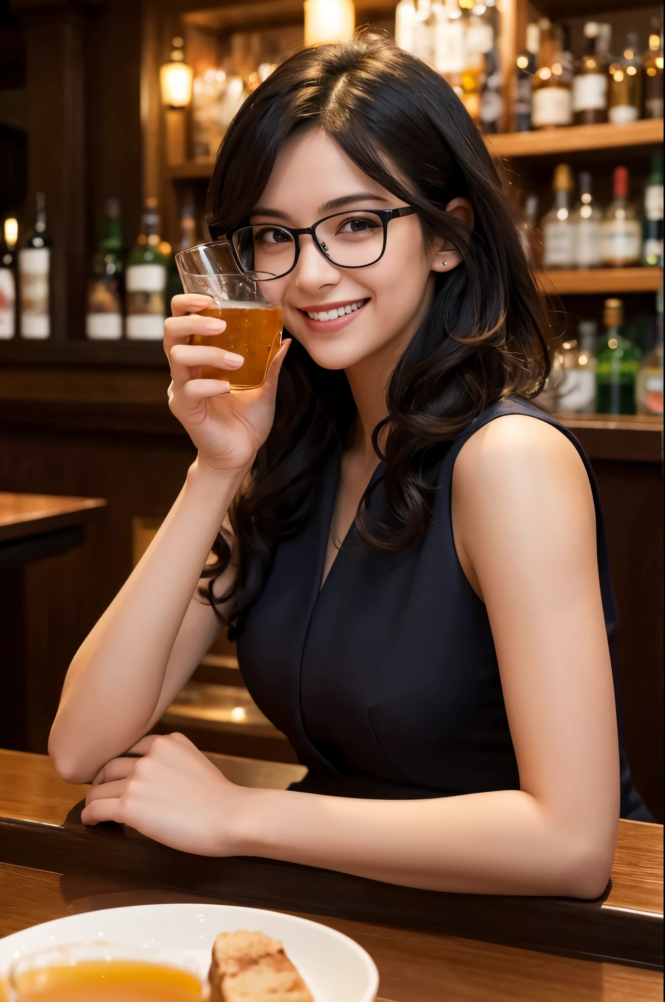 (masterpiece:1.2), high quality, high resolution, a 25-year-old man with short curly black hair, wearing glasses, no beard, smiling, wearing a navy blue jacket and black pants, a 21-year-old woman with long black hair, not wearing glasses, smiling, wearing a sleeveless white dress, drinking alcohol at a bar, enjoying their drinks, realistic, detailed, intricate, warm lighting, bar setting, realistic style
