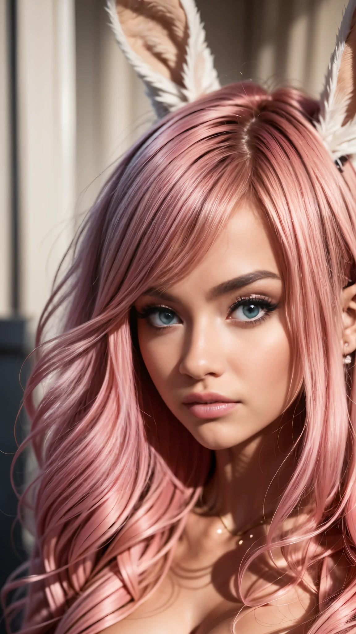 anime style, a closeup of a cartoon of a woman with ears and rabbit tail, with rabbit tail, with rabbit ears, girl design, mara, portrait, giesha, anime image, long hair, pink hair, hair covering ears, happy, polished and powerful look, exotic, tall