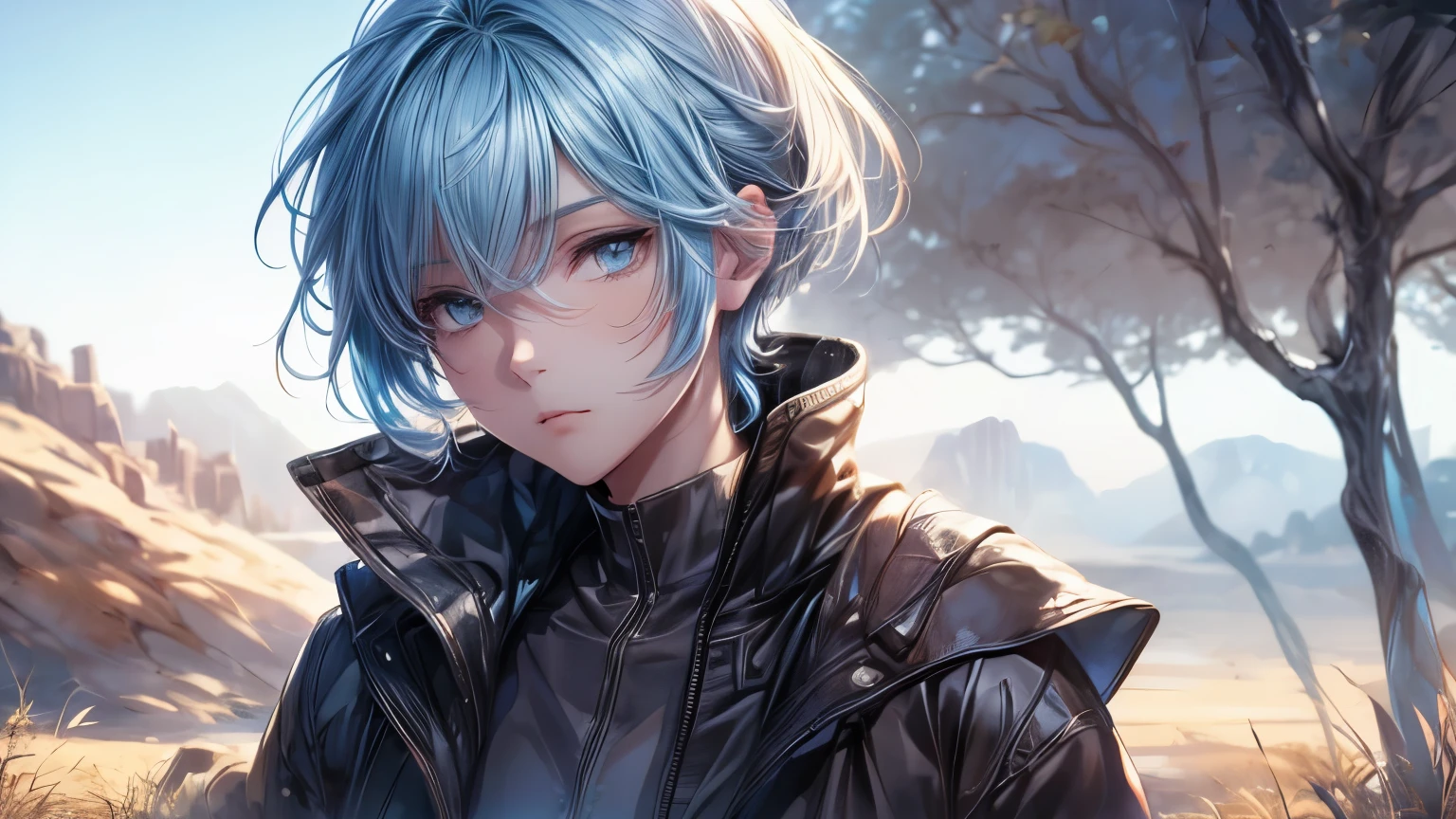 high quality,1 girl,short hair, Super detailed CG illustration of a young man with a calm expression, Stare into the distance,His striking light blue hair blew gently in the desert breeze. The landscape behind him is vast and stunning, Taking viewers into a world of wonder and discovery.More ideas
