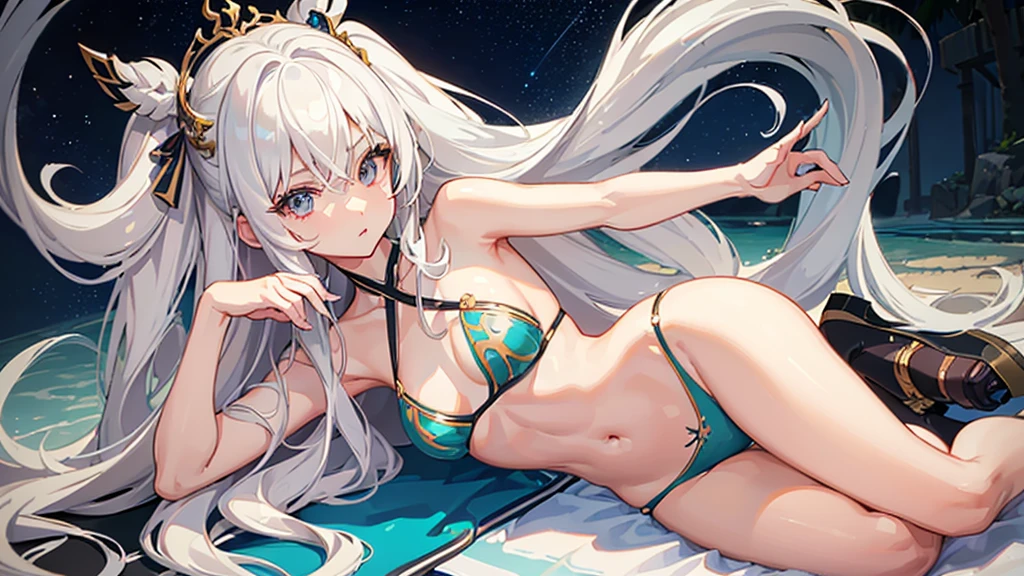 ((Best Quality)), (Ultra-detailed), ((Extremely detailed)), (Beautiful), ((Kawaii Girl)),(two side up hair).,Platinum Blonde Hair,Long hair, hair between eye, Wavy Hair, Long sideburns,Jade-colored eyes, White skin,Normal Chest,Slender body,Cross Halter Bikini,Sandals,background a pool, Night, nighttime scene, Starry sky,