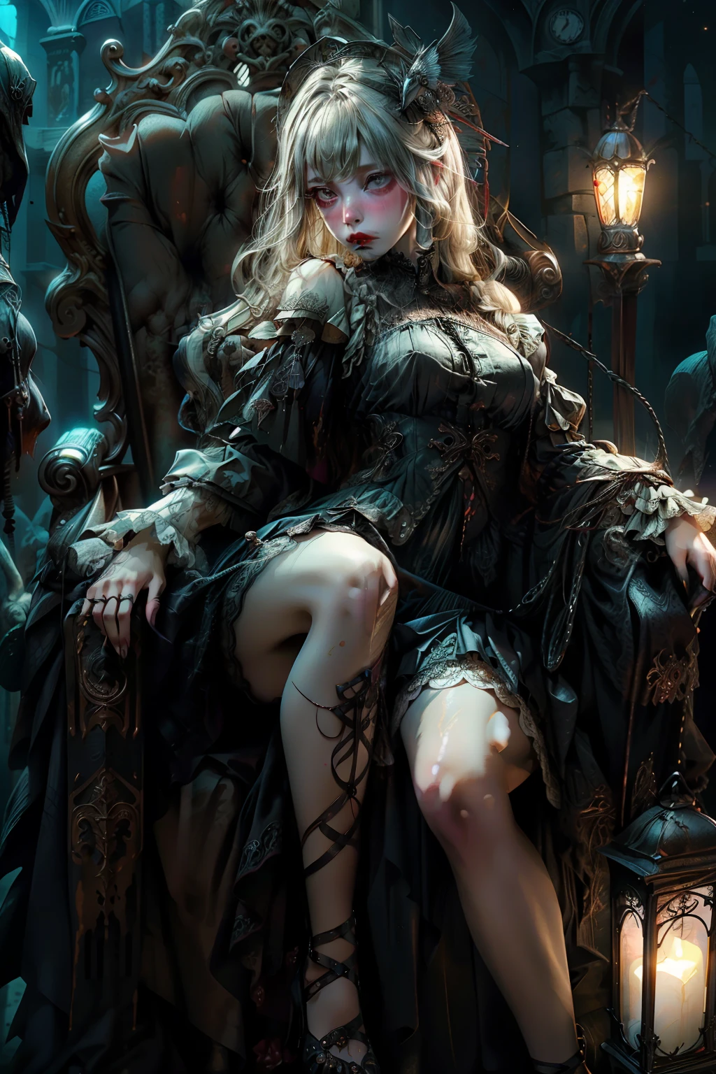 ((best quality)), ((masterpiece)), (detailed), an empty vacant throne, grand in scale and intricacy, blurring the lines between throne and shrine, Bloodborne inspired, occult aesthetic, occult, detailed and intricate steampunk and detailed gothic, NSFW, Very dramatic and cinematic lighting, cosmic horror, grim-dark, side-lighting, perfect face, a beaituful goddess valkyrie enshrined in armour, Bloodborne inspired valkyrie, occult aesthetic valkyrie, occult valkyrie, detailed and intricate steampunk and detailed gothic valkyrie, Fluttering lace flared long knee length dress with frilly petticoats, long dress, knee length dress, pleated petticoats, ta dress, petticoats gothic loliside-lighting, NSFW, gothic lolita, tiful small breasts, full body, whole body, body, NSFW