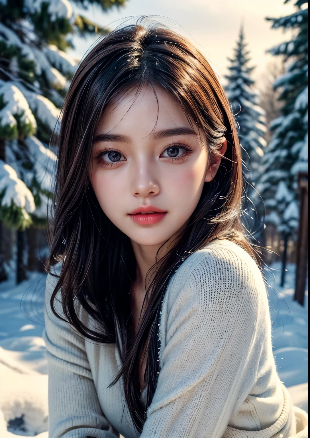 a cute and sweet Korean girl, 1girl, 20 years girl, slender, standing, snow covered trees, snow, heavy snow, very very high snow covered all things and trees and leaps and rocks, every where snow covered, small road covered with heavy snow ultra high definition, 8k, hyper realistic, extremely detailed, photorealistic, beautiful soft thighs, 2 piece dress above knee length, detailed dress, beautiful detailed eyes, beautiful detailed lips, extremely detailed face, long eyelashes, cinematic lighting, dramatic lighting, soft lighting, intricate details, masterpiece, elegant, beautiful, serene, peaceful, tranquil, beautiful face, realistic face, realistic skin, realistic smile, realistic atmosphere, every thing is realistic, cutest smile, realistic body, realistic body language, mouth watering beauty, full body shot, cute face, stylish look, stylish angles, tempting eyes, bright skin , close up pine tree leaps covered heavy snow fall,