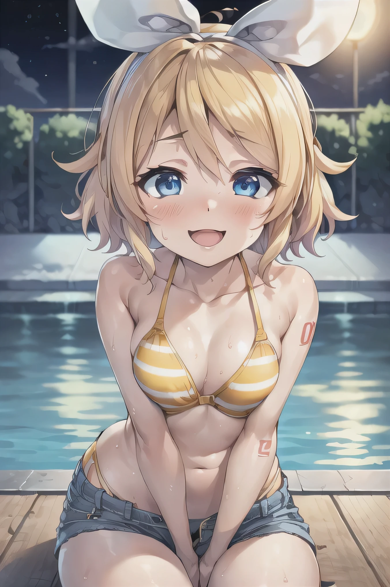 (((masterpiece))), ((highest quality)), (Very detailed), ((High resolution)), ((8k)), ((Anatomically correct)), One very cute girl, Baby Face, (Poor ), Plump, Vocaloid, (Kagamine Rin), Blonde, Short Hair,  Letting down your bangs, Charming smile, Blue eyes, Best moment, Delicate arms, Detailed skin texture, Intricate details, Very detailedな顔, Beautiful curves, Beautiful thighs, (Sweating), ((Wearing denim shorts on the lower half of the body)), ((She is wearing a yellow striped bikini on her upper body.)), Pool at night, Ecstatic expression, Looking up, A big smile, barefoot, Wearing sandals, Sitting, Crotch open in an M shape, Bow-legged, Showing off your crotch to viewers,
