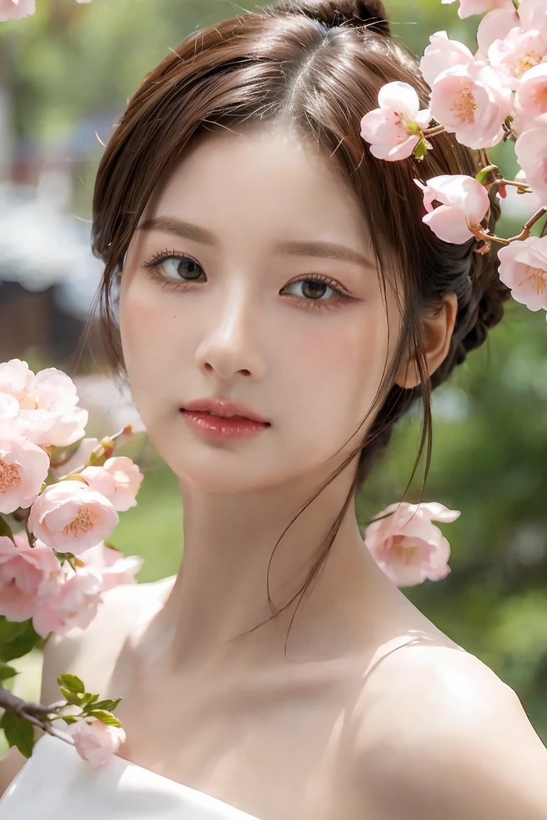 A gentle and lovely Chinese beautiful woman, delicate and sexy collarbone, charming goose egg face, double eyelids, smart peach blossom eyes, pink lips, small upturned nose, bare shoulders, focused face, face close-up, ultra HD, super detail, full body photo, ultra-thin light transmission optimal ratio four fingers and one thumb, JK miniskirt