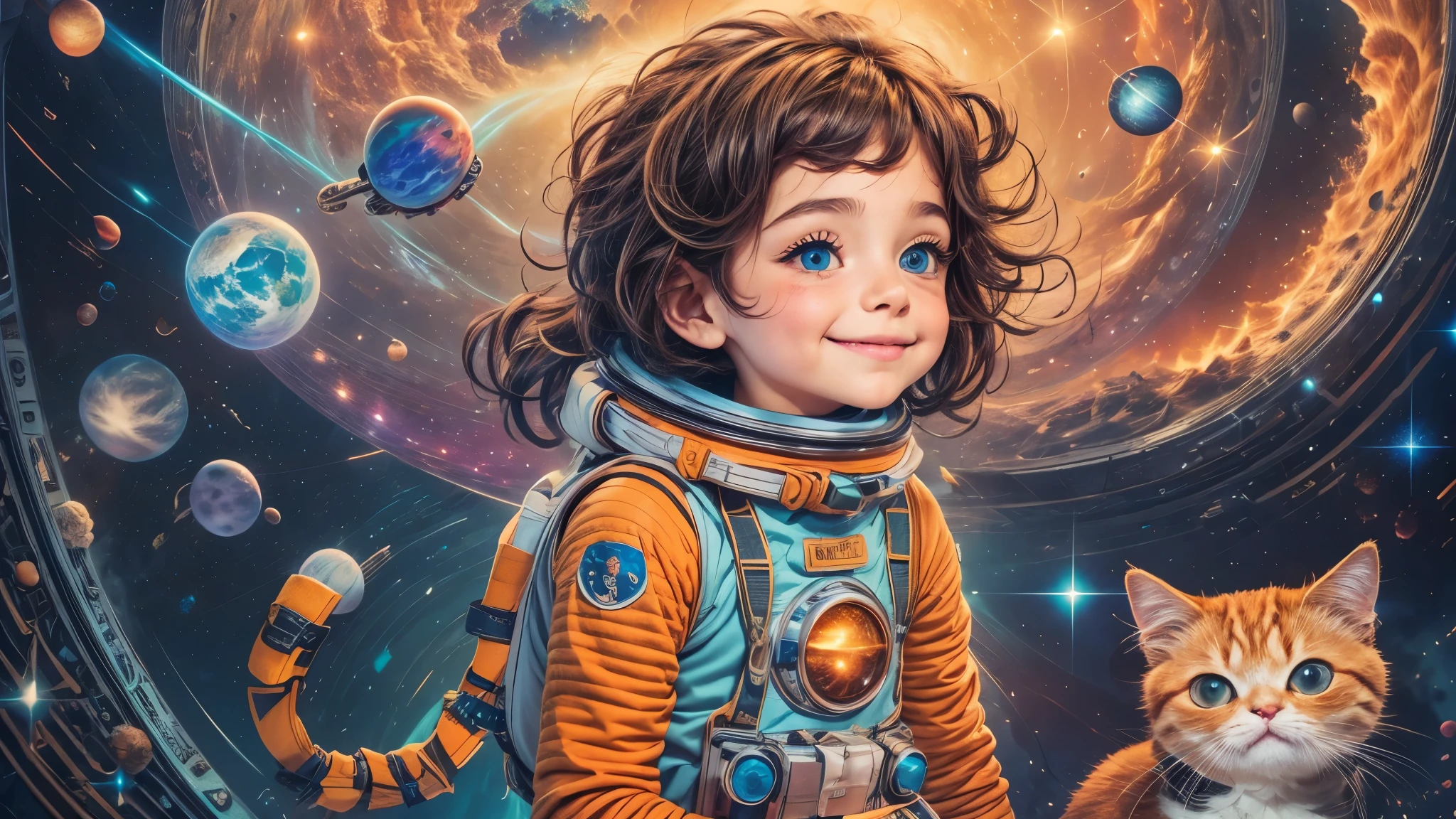 Cartoon illustration of a boy and a girl in space with cat, official fan art, in space, kitten in outer space, in outer space, in deep space, in galaxies, deep space exploration!!!, space travel, wearing in stars and planets, outer space, outer space, starry sky in space, in space, official art, space, on a spaceship, colorful, cute, more detailed, light, more realistic, cartoon