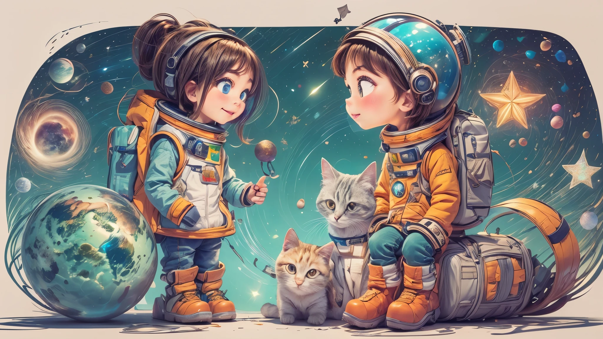 Cartoon illustration of a boy and a girl in space with cat, official fan art, in space, kitten in outer space, in outer space, in deep space, in galaxies, deep space exploration!!!, space travel, wearing in stars and planets, outer space, outer space, starry sky in space, in space, official art, space, on a spaceship, colorful, cute, more detailed, light, more realistic, cartoon