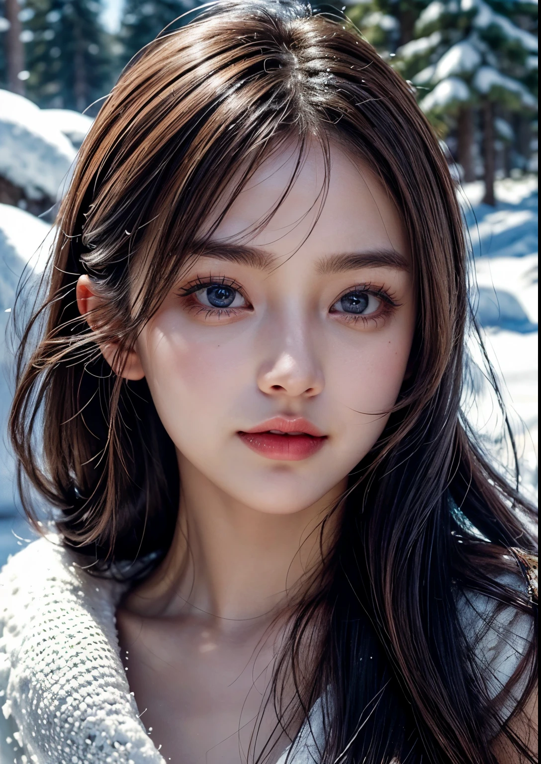 a cute and sweet Korean girl, 1girl, 20 years girl, slender, standing, snow covered trees, snow, heavy snow, very very high snow covered all things and trees and leaps and rocks, every where snow covered, small road covered with heavy snow ultra high definition, 8k, hyper realistic, extremely detailed, photorealistic, beautiful soft thighs, 2 piece dress above knee length, detailed dress, beautiful detailed eyes, beautiful detailed lips, extremely detailed face, long eyelashes, cinematic lighting, dramatic lighting, soft lighting, dim lighting, intricate details, masterpiece, elegant, beautiful, serene, peaceful, tranquil, beautiful face, realistic face, realistic skin, realistic smile, realistic atmosphere, every thing is realistic, cutest smile, realistic body, realistic body language, mouth watering beauty, upper body shot, cute face, stylish look, stylish angles, upper body shot, tempting eyes, bright skin , close up pine tree leaps covered heavy snow fall,