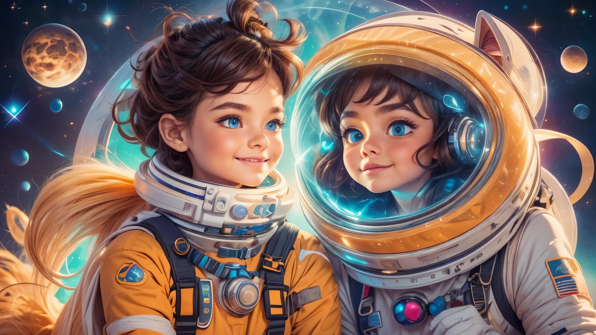 Cartoon illustration of a boy and a girl in space with cat, official fan art, in space, kitten in outer space, in outer space, in deep space, in galaxies, deep space exploration!!!, space travel, wearing in stars and planets, outer space, outer space, starry sky in space, in space, official art, space, on a spaceship, colorful, cute, more detailed, light, more realistic, cartoon