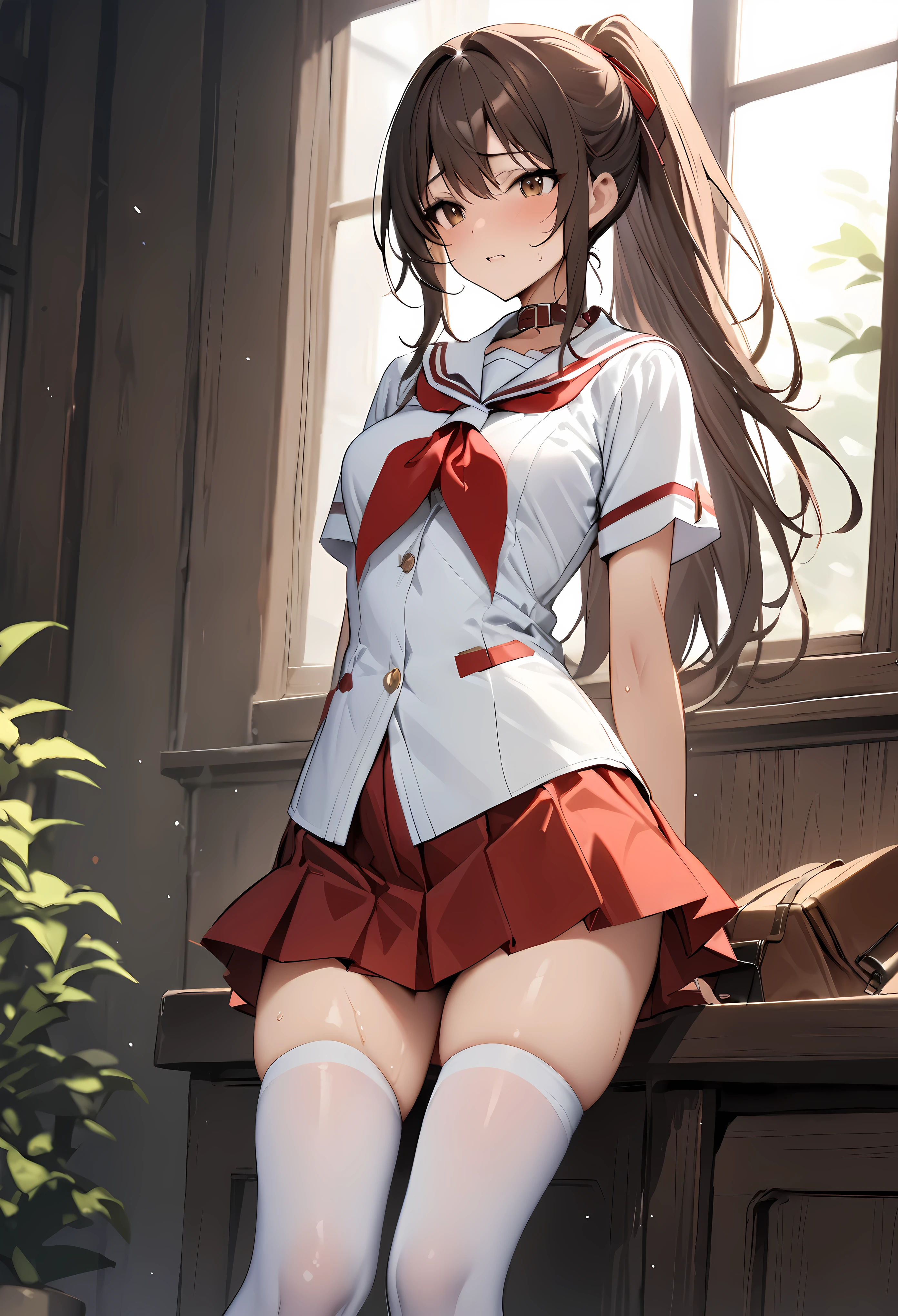 (((masterpiece, highest quality:1.5))),nsfw,cowboy shot,20 year old beauty,solo,(((very small head))),(((very long body,long body))),dark brown hair,ponytail hair,brown eyes,bangs,shy,medium breasts,slender body,skinny,gleaming skin,oily skin,sweat,White sailor suit、Short sleeve、Red cellar collar、Red neckerchief、Pleated red mini skirt、white_thighhighs、Academy、