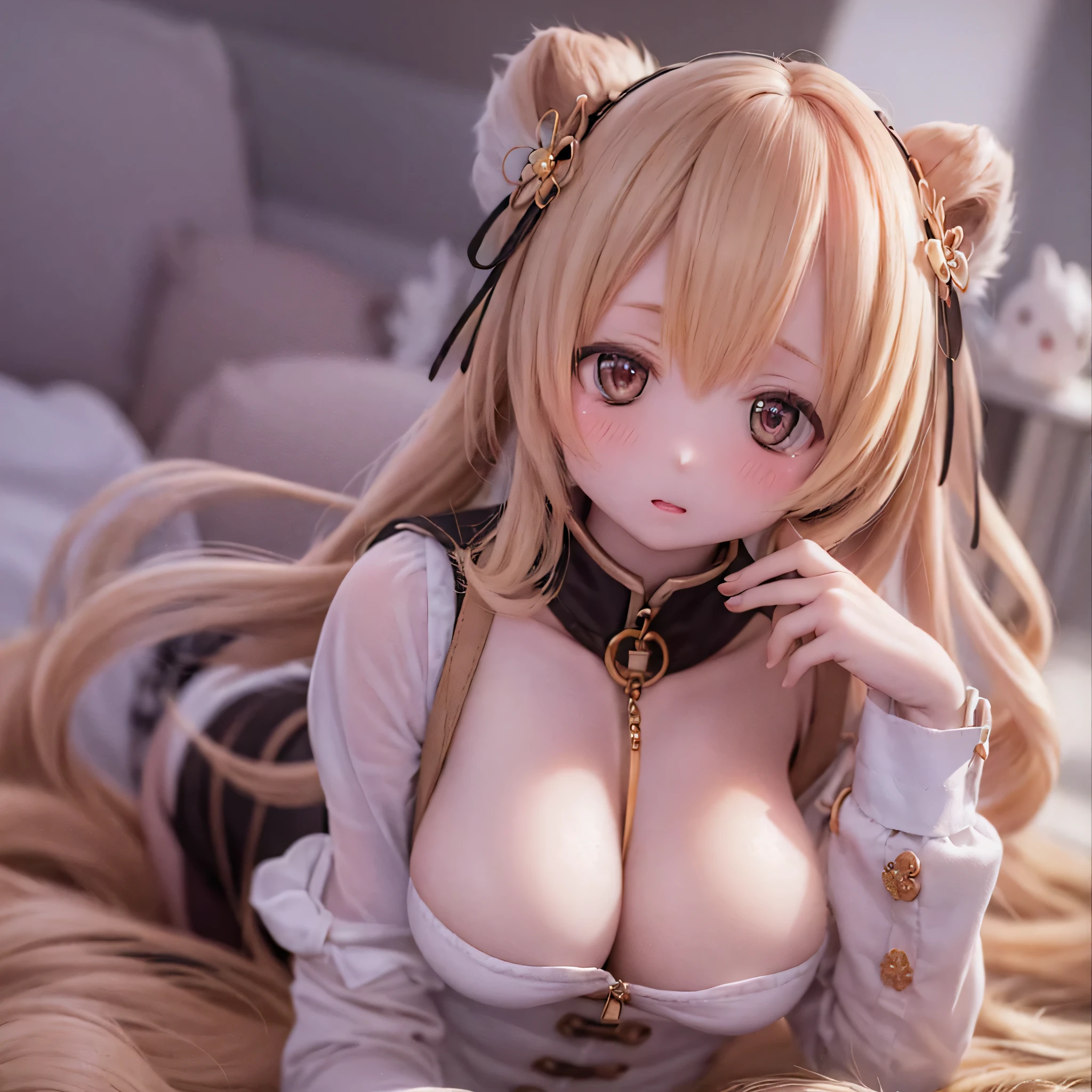 detailed, Beautiful woman with expressive eyes, Perfect Face, Pink Long Hair, Golden Eyes, Pink Lips, Attention to detail, Anime Style, Bright colors, cute, Thick and sensual lips, Curvaceous and voluptuous body, Blushing and lying in bed (nude)V Arm