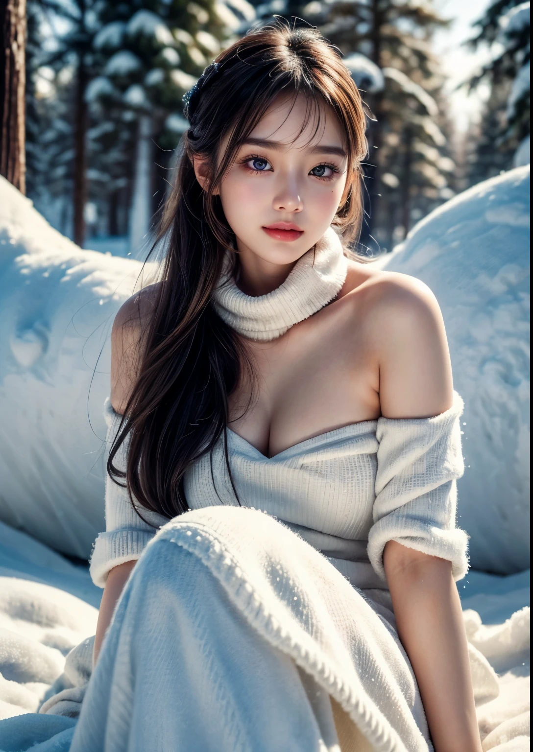 a cute and sweet Korean girl, 1girl, 20 years Korean girl, sitting in snow covered trees, snow, heavy snow, very very high snow covered all things and trees and leaps and rocks, every where snow covered, small road covered with heavy snow ultra high definition, 8k, hyper realistic, extremely detailed, photorealistic, beautiful soft thighs, long dress above knee length, detailed dress, beautiful detailed eyes, beautiful detailed lips, extremely detailed face, long eyelashes, cinematic lighting, dramatic lighting, soft lighting, dim lighting intricate details, masterpiece, elegant, beautiful, serene, peaceful, tranquil, beautiful face, realistic face, realistic skin, realistic smile, realistic atmosphere, every thing is realistic, cutest smile, realistic body, realistic body language, mouth watering beauty, upper body shot, cute face, stylish look, stylish angles, tempting eyes, bright skin , close up pine tree leaps covered heavy snow fall,