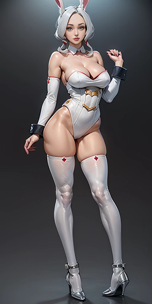 (Masterpiece, plain background:1.2) 1sologirl standing straightforward symmetrical wearing only whitish heels 👠 silver white hair 😍 👌 😀 ✨️ ♥️ ❤️pupils eyes symbol, long red fluffy bunny ears, luna konosuba, white stockings and sleeves