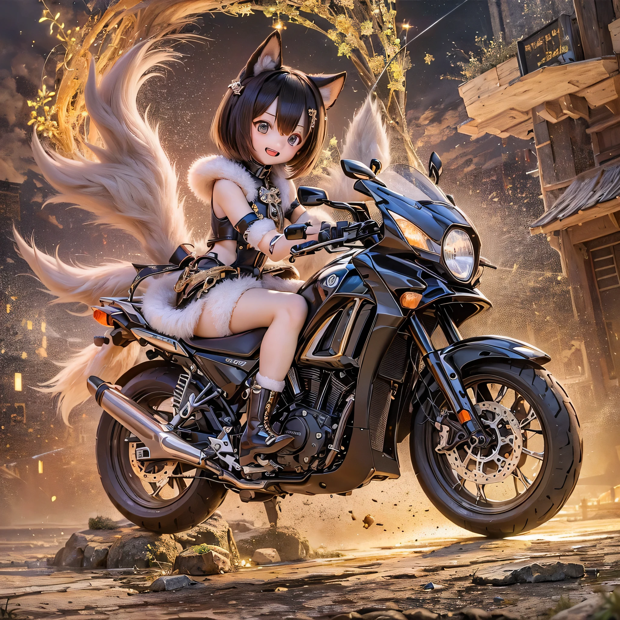 (highest quality,High resolution:1.2),shiba inu girls,Adorable chibi style,Vibrant colors,Fantasy Landscape,Riding on motorcycle,Magical Environment,Twinkle Star,The wind that makes your hair flutter,Expressions of joy,Amazing adventure,A playful atmosphere,Beautiful sunset,Amazing sensations ,Sharp details,Traditional ink painting style,Soft and gentle lighting,Whimsical charm,Nostalgic atmosphere,Expressive eyes and fur,What a lovely outfit!!!,Fast movement,Inspirational urban backgrounds,Playful interactions,Winding Road,Smiles and laughter,Childlike wonder,Burning with excitement,Artistic brush strokes and textures,Fluffy tail,Quick and agile movements,The dimension of imagination,True friendship and camaraderie,Unique and dynamic poses,Sparkling Light,Exhilarating ride.