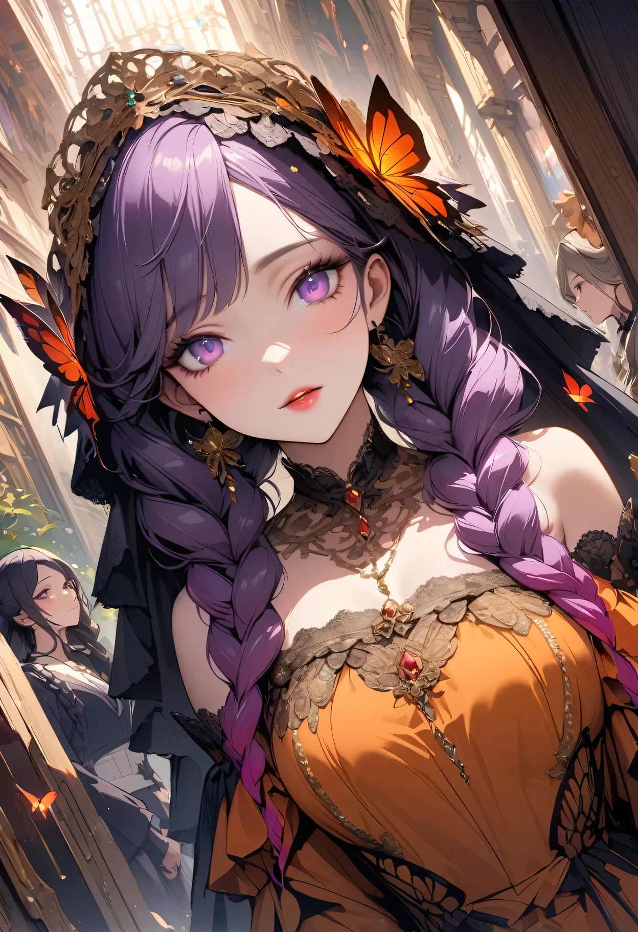 (masterpiece)、(Top quality)、(Highly detailed CG illustrations）、Official Art、1920s Style、Mrs. Moore、yinji, (purple hair, purple eyes, long hair, white hair, double braids, gradient hair,Cruel beauty、Gorgeous、gorgeous、White lace、Gorgeous dress、Jewelry、Butterfly pattern、Orange undertone、Vibrant colors、Perfect angle、Perfect composition