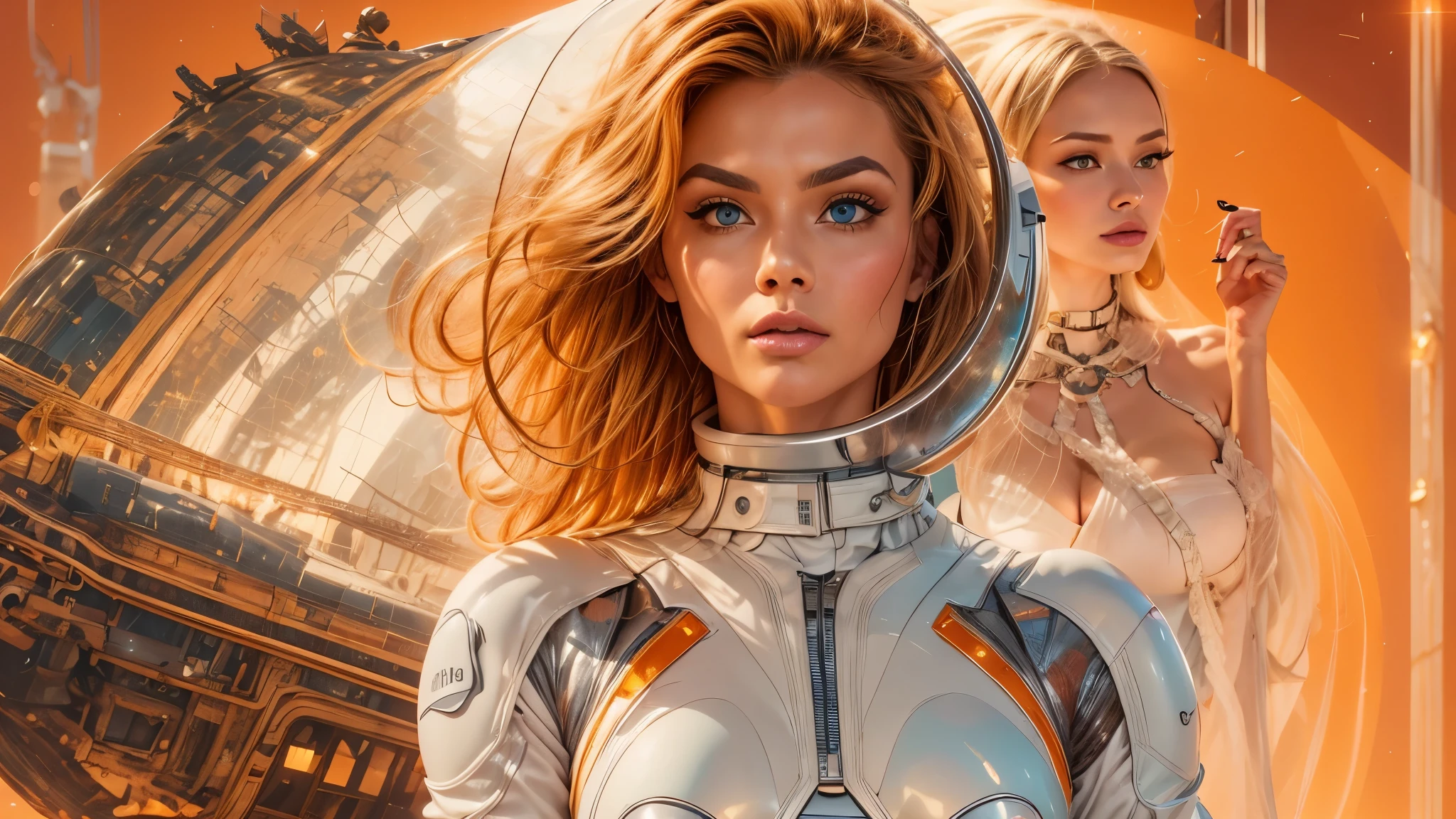 arafed image of a white woman in a futuristic suit with a spaceship in the background, movie art, in front of an orange background, inspired by Robert McGinnis, female protagonist, megastructure in the background, portrait of an ai astronaut, astronauts, an astronaut, portrait of a astronaut skeletor, perfect android girl, detailed eyes, perfectly detailed teeth, frank franzzeta and sakimichan
