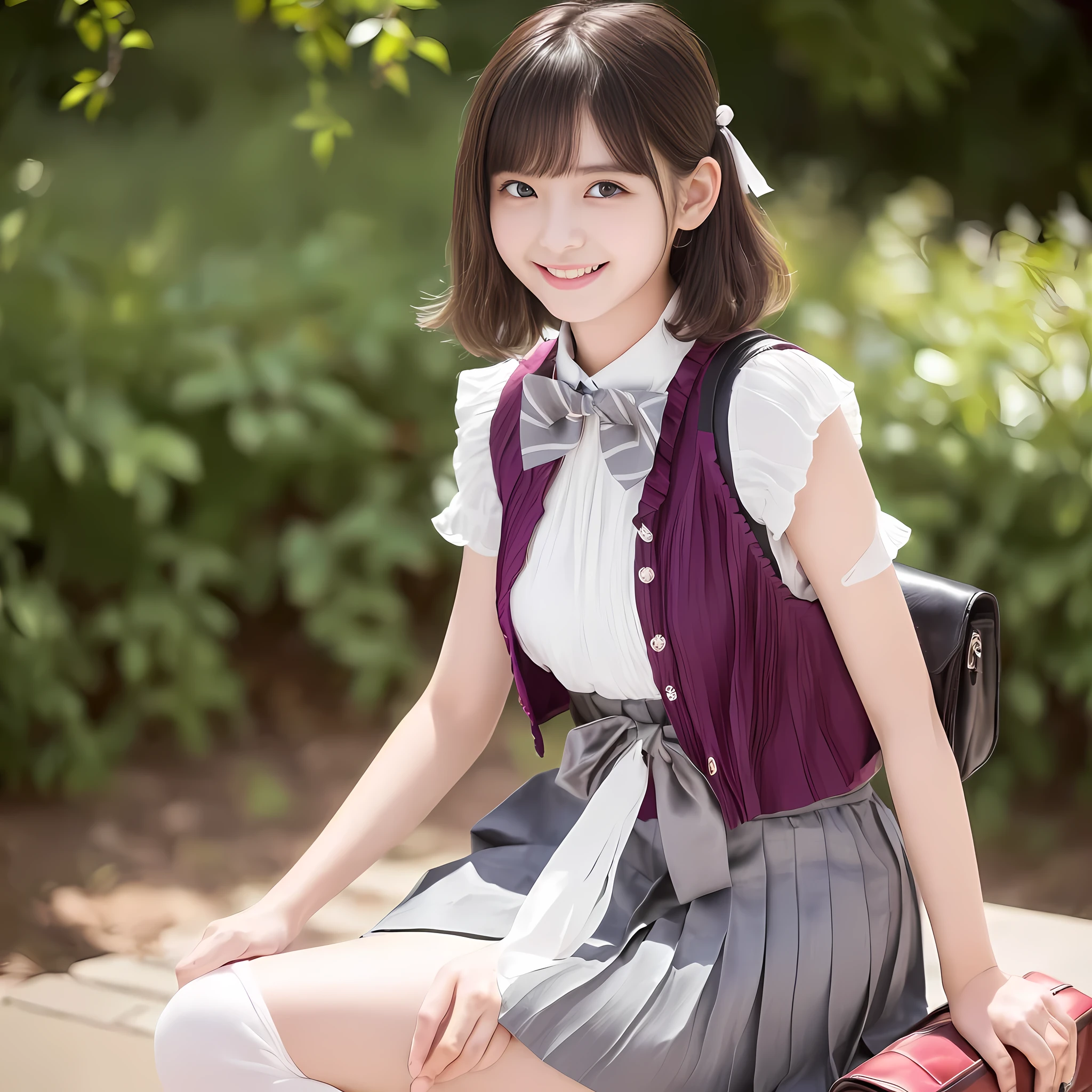 (highest quality, masterpiece:1.2), highest quality, Realistic, photograph, High resolution, 1080p, 8K, Physical Rendering, ((Height: 165cm)), (((((((A ************ sweet girly Japanese fashion model is seated like a fashion model and shyly smiling at the viewer))))))), solo, (((big very detailed Japanese beautiful dark brown eyes))), ((loving and laughing at me!)), detailed fingers, ((curled blunt bangs)), ((((Very noble and cute eyes)))), ((double eyelids)), (((long eyelashes))), ((cute lovely lovely laughing laughing cheeks)), (((very expressive noble smile, very sweet, very lovely face, very shy))), ((((deep red ribbon bow tie)))), ((((black very beautiful and short straight bobbed hair)))), ((((gray box-pleats long skirt and grey vest)))), noble box-pleated skirt covers knees, ((((A ivory summer blouse with puffed short sleeves)))), ((women's clothes department)), ((complexion lightening)), ((Full body shot)), Japanese girls legs, (((white socks and loafers))), ((Leather student bag)), small waist, ((fat calves))