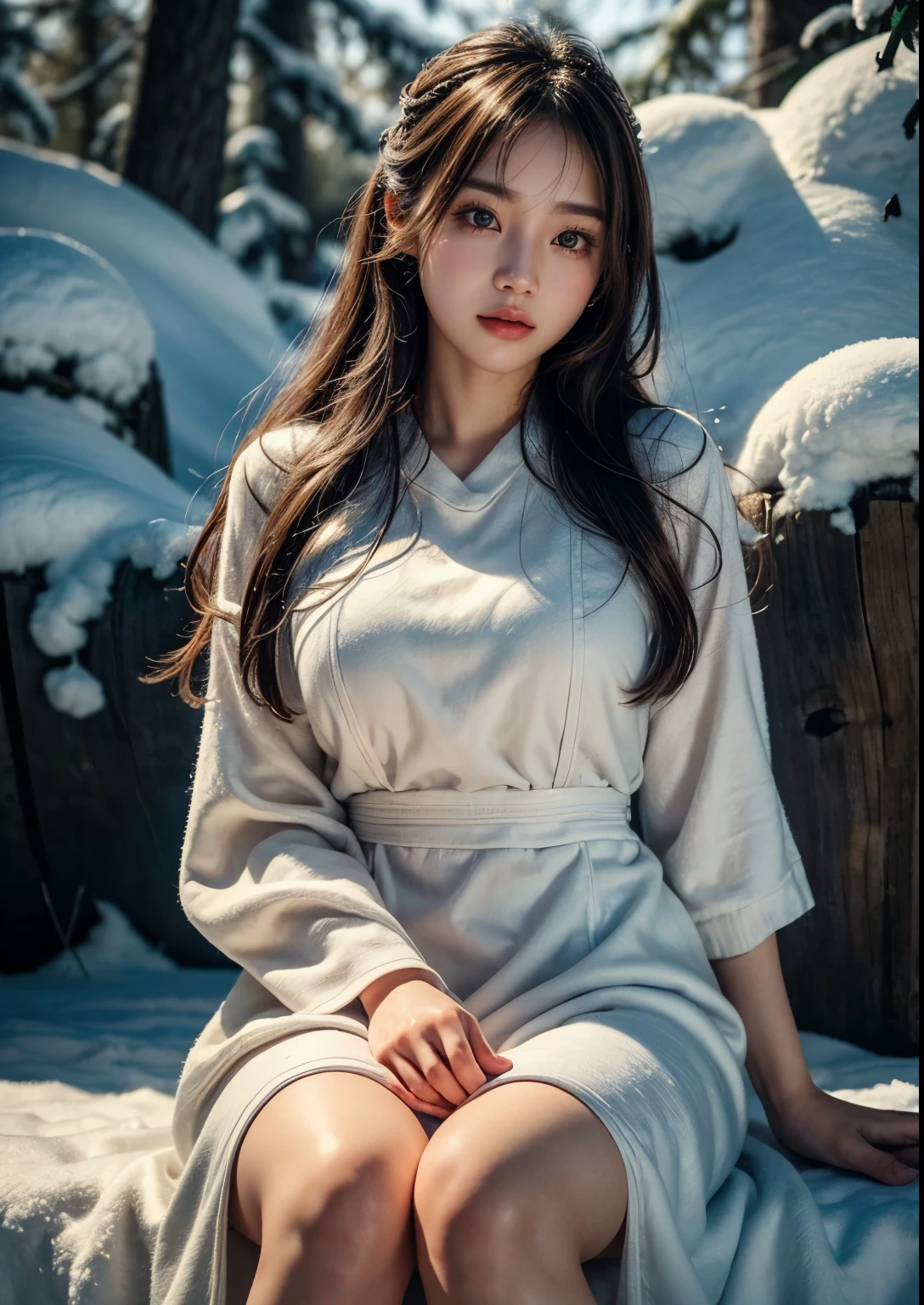 a cute and sweet korean girl, 1girl, sitting in snow covered trees, snow, heavy snow, ultra high definition, 8k, hyperrealistic, extremely detailed, photorealistic, beautiful soft thighs, long dress above knee length, detailed dress, beautiful detailed eyes, beautiful detailed lips, extremely detailed face, longeyelashes, cinematic lighting, dramatic lighting, soft lighting, warm lighting, intricate details, masterpiece, elegant, beautiful, serene, peaceful, tranquil
