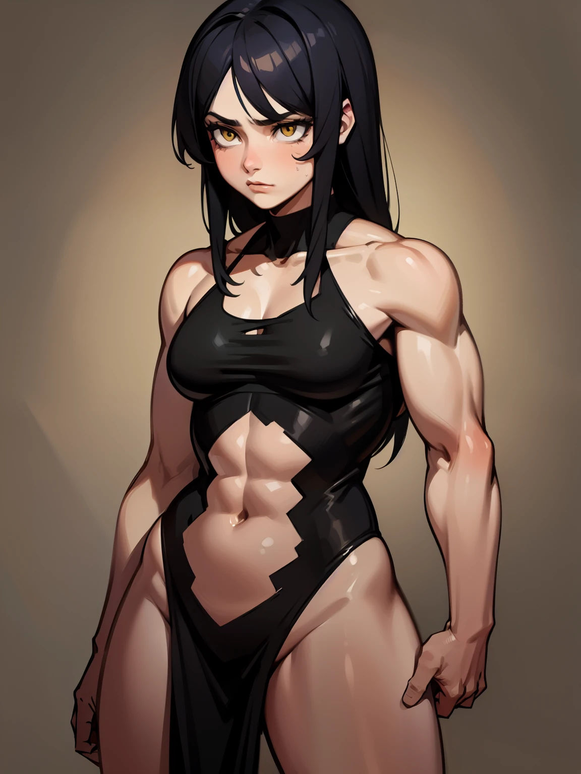 Appearance Gender: Female Age: Mature Race: Drow (elf with dark skin and purple 2bangs hair side to side) Height: Full-body Skin: Gray Skin: Gray Background: Plain Gray Eyes: Purple Attire: Bikini, revealing abdominal muscles