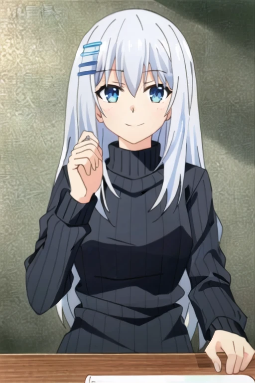 (Highly detailed CG Unity 4k wallpaper),(masterpiece),(highest quality),(Super detailed),(Best illustrations),(Best Shadow),(Absurd),(Detailed Background) origami tobiichi, One girl, alone, blue eyes, Very long hair, hair ornaments, Hair Clip, shirt, blue turtleneck sweater, No sleeve, Upper Body, Gray Hair, Hair between the eyes, Mouth closed, bangs, smile