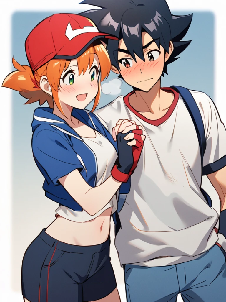 1boy, ash ketchum, red baseball cap, open blue jacket, white t-shirt, white short sleeves jacket, dark blue bermuda shorts, fingerless gloves, black hair, brown eyes, hair between eyes, flirt and seductive look

1girl, misty, Pokémon, orange hair, green eyes, side ponytail, white tank top showing her belly button, blue jeans shorts, blushing and embarrased look

a beautiful photography of a 18 years old couple, he's flirting with her, they're both tangled up for the red string of fate, looking at each other, holding hands