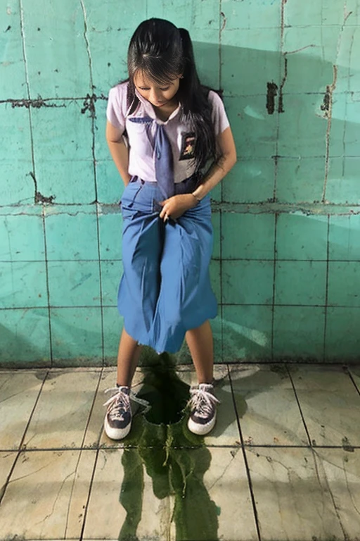 A teen girl with Indonesia face, approximately 16 years old. The girl can be seen in the process of peeing. Standing. Wet patch. Incontinence (urination:1.5) (peeing in skirt)