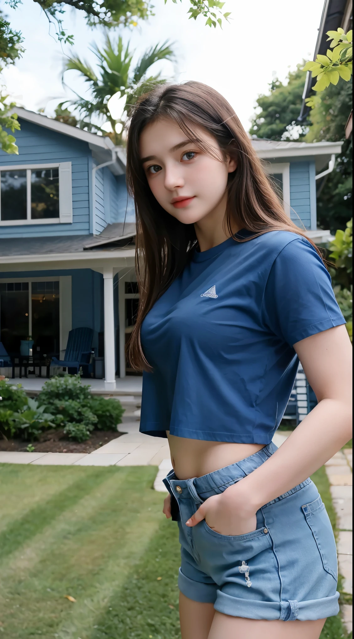 Gorgeus Girl, Beautiful, Baby Face, 20 Years Old, White Skin, Beside, Sexy Pose, dark blue t-shirt, Blue Eye, Bokeh, front yard of the house Background, Masterpiece, Fullbody Shot, short pants