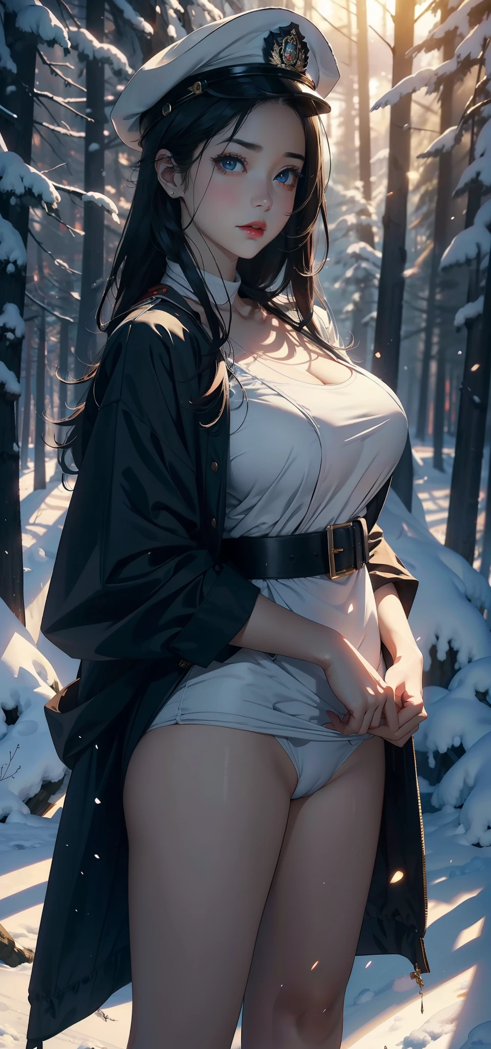 1 female,Large Breasts(background:In the woods,forest,in the winter,snow) She has short black hair,,Straight Hair,red lips,Standing,Front view, oxygen, gloomy sky,(((masterpiece),(Nity 8k wallpaper with rich CG details),Highest quality,Light,详细background,beautiful eyes,(Very delicate and beautiful),(Beautiful and detailed description of the eyes),在ltra Detailed,masterpiece,)),face camera,high resolution,在ltra Detailed),nude,Exposing genitals, Convex,Camel toe,性感Convex出,officer(wear:,Blue Jacket,White military cap,)