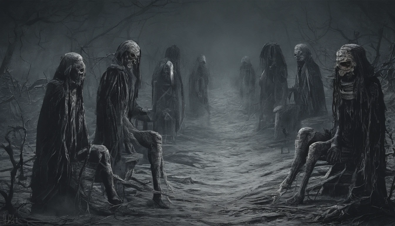 In a dense forest, enslaved by fear, a group of individuals is depicted. The main subject of the image is a gathering of people, their expressions etched with fear and anxiety. The image, presented as a powerful and haunting oil painting, captures the raw emotions of the subjects. Each figure is intricately detailed, their tattered clothes reflecting their oppressed state. The artist's masterful brushstrokes bring out the depth and intensity in the eyes, conveying the torment they endure. The play of light and shadow adds a layer of mystery and suspense, further immersing the viewer in this gripping portrayal of human struggle. This exceptional artwork transports viewers to a realm of unease and compels them to confront the dark realities of oppression.