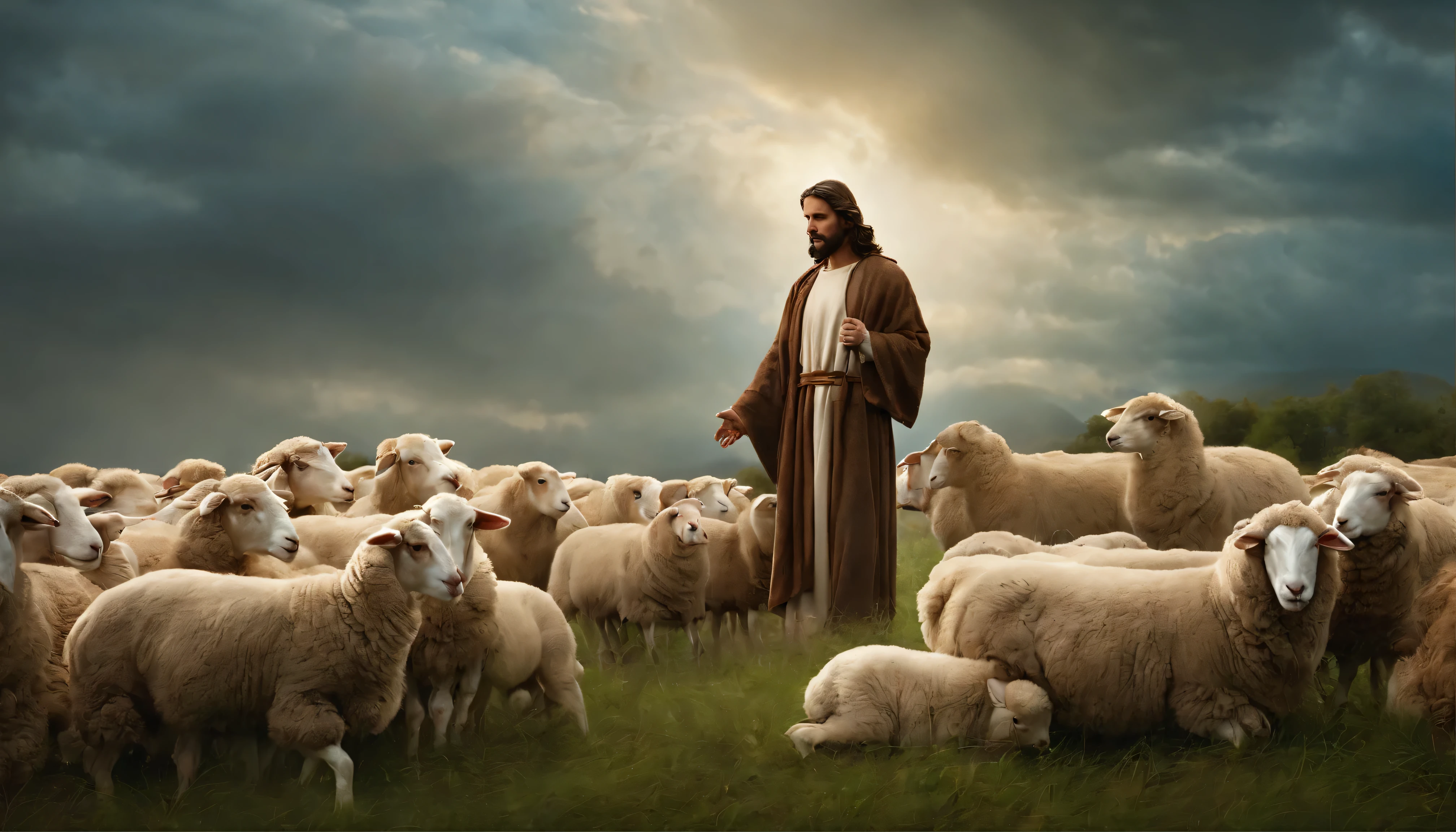 Jesus Cristo no campo protegendo suas ovelhas