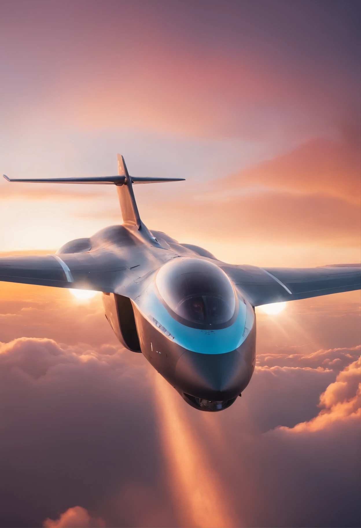 A hyperrealistic 8K digital painting of the Phoenix Skyfire, a futuristic troop transport aircraft designed by L&P Technologies, soaring through a vibrant sunset sky. The aircraft, with its sleek, blended wing design and glowing blue and red LED lights, cuts through the clouds with incredible speed and agility.