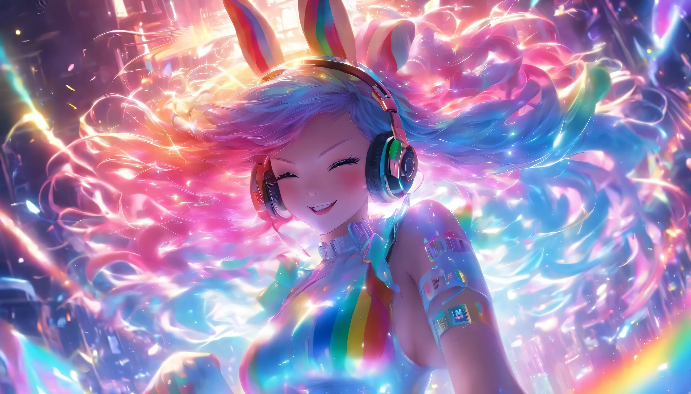 Transparent color PVC clothing, Transparent colorful vinyl Bunny girl, Prismatic, Holographic, chromatic aberration, Fashion Illustration, masterpiece, DJ Girl, View Viewer, 8k, Super detailed, Pixiv、((Colorful Hair))、Wearing headphones、((Full Body))、((Dancing))、((Bunny girl))、((Big Breasts))、(((Rainbow Hair)))