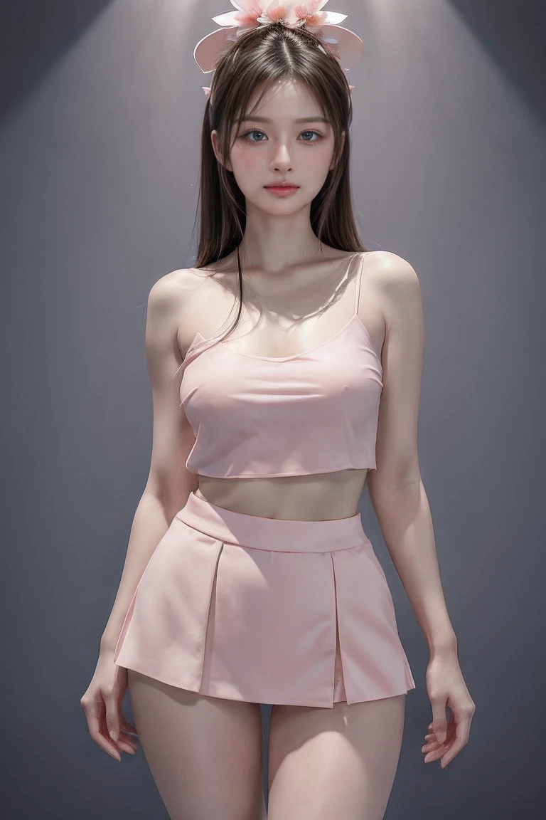 A gentle and lovely Chinese beautiful woman, delicate and sexy collarbone, charming goose egg face, double eyelids, smart peach blossom eyes, pink lips, small upturned nose, bare shoulders, focused face, ultra HD, super detail, full body photo, ultra-thin light transmission optimal ratio four fingers and one thumb, JK miniskirt, (full body shot)