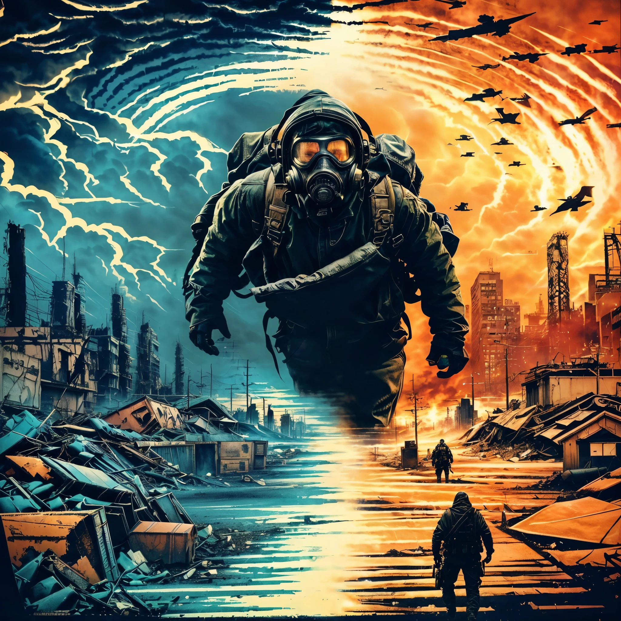 a poster of a man in a gas mask walking down a street, apocalypse art!!!!, apocalyptic art, apocalyptic vibes, apocalypse art, post-apocalyptic earth, postapocalyptic world, post apocalypse, post-apocalypse, post - apocalypse, post - apocalyptic vibe, post apocalyptic world, apocalyptic 8 k, apocalyptic 8k, apocalyptic world, post - apocalyptic world