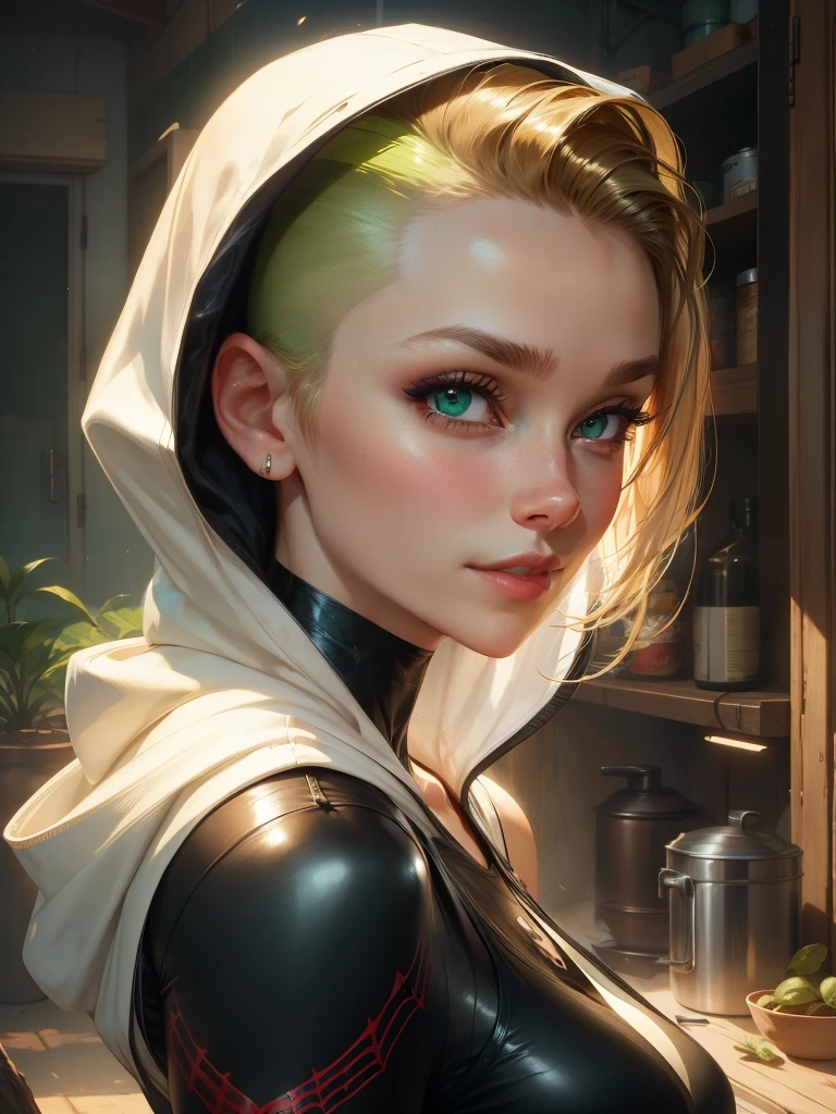 (masterpiece), ((best quality)), light_smile, cinematic lighting, ultra-realistic, ((realistic)), (gwen_stacy), blonde_hair, short_hair, green eyes, solo, sidecut, asymmetrical_hair, parted_lips, eyebrow_piercing, (detailed face), beautiful 1girl, 1girl, looking at viewer, (beautiful detailed eyes), bodysuit, spider-suit, white hoodie, hood_down, portrait, upper_body, (side of head shaved), (small breasts)