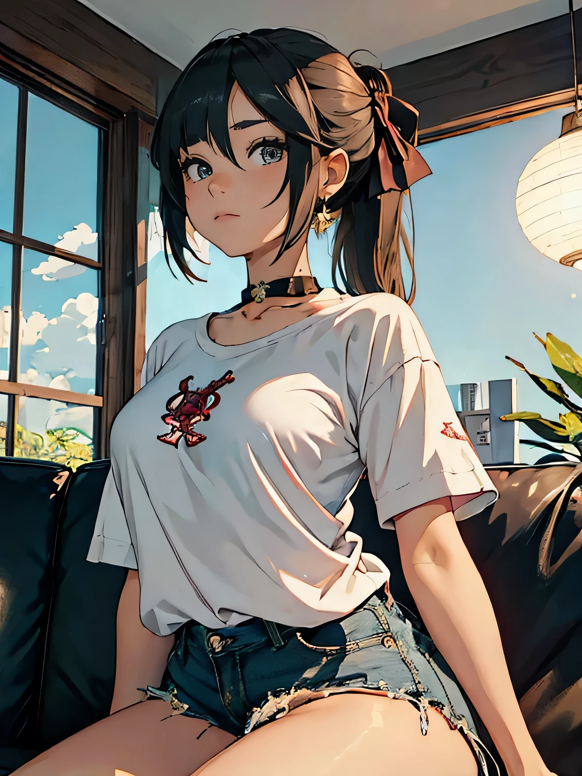 chica anime in white shirt and panties sitting on a couch, seductive chica anime, attractive chica anime, Guweiz on pixiv artstation, Guweiz on artstation pixiv, Guweiz, anime moe art style, chica anime, artwork in the style of Guweiz, extremely detailed artistic germ, beautiful chica anime, , tirantes de media, Impacto de Mona Genshin