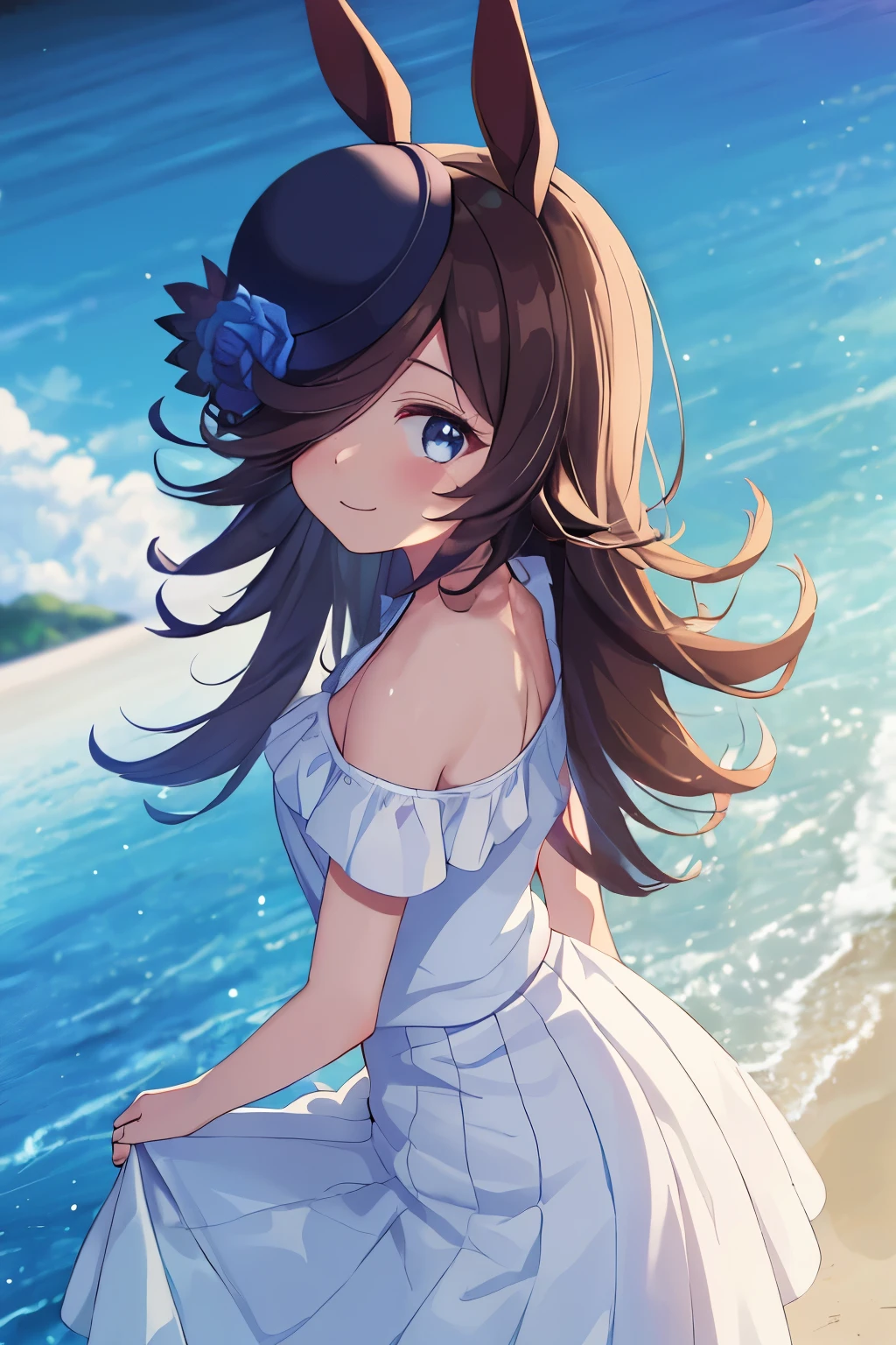 (Tabletop.highest quality).(Dynamic Angle). (CG paintings with attention to detail),(Perfect Image)、Comic Strip.shape.1 girl.Detailed face、Perfect Face.Delicate face、Cute and delicate girl in a white shirt、Rough skin、Black Hair.length、(Umamimi Girl)Umamimi Girl、((Beautiful Blue Eyes)).繊細でBeautiful Eyes、Beautiful Eyes、Reflective eyes、smile.(Looking at the audience:1.3).(Face is a little red:0.8)、8k wallpaper、Cowboy Shot、reflected light、Most detailed、Complex、((Delicate sea background、season summer))、Rough skin、Fine skin、(Super Resolution)、((Cute girl in white shirt))