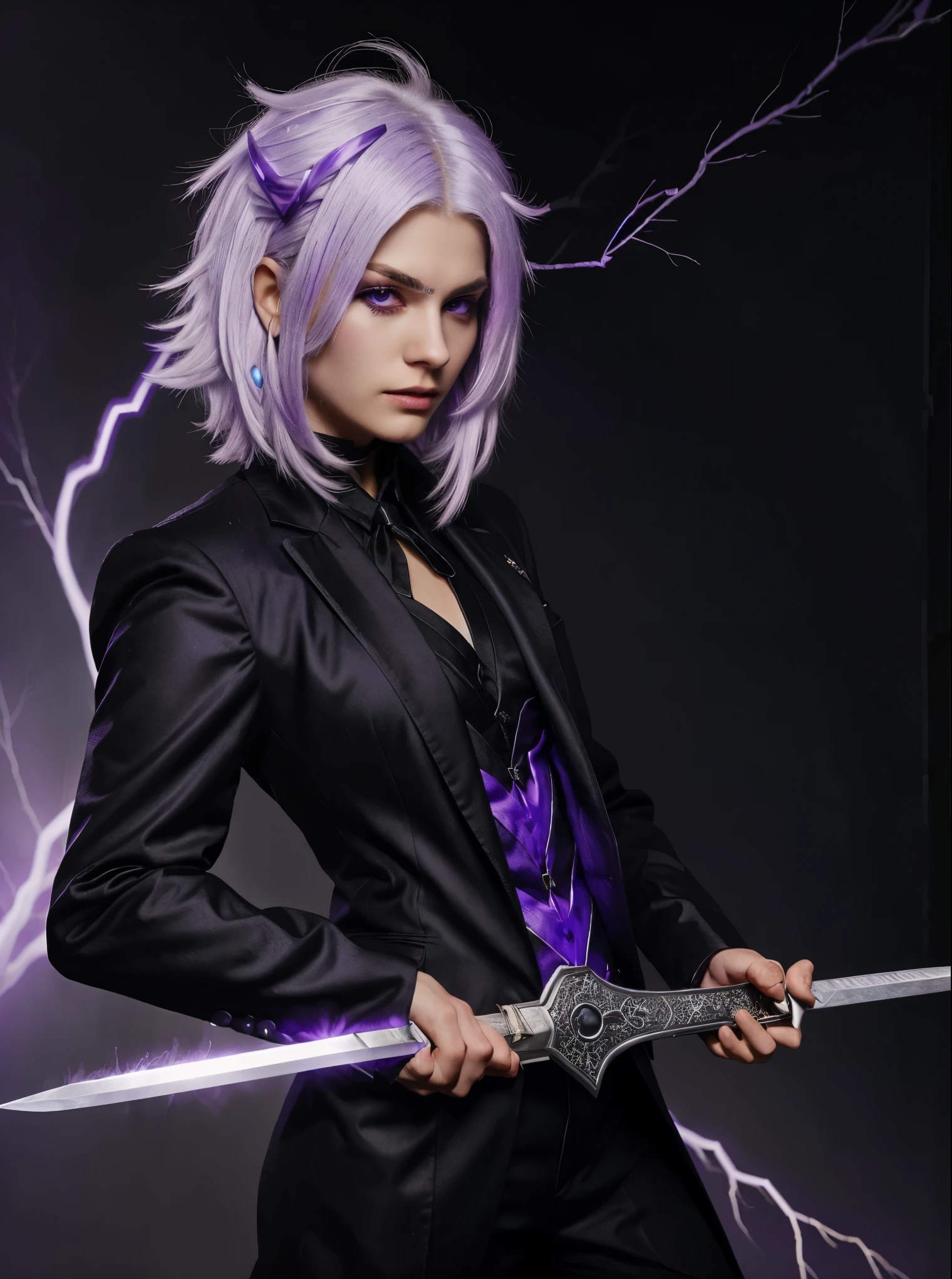 A character in a black and purple suit, with white hair, holds a sword in each hand and shoots purple lightning from their eyes.