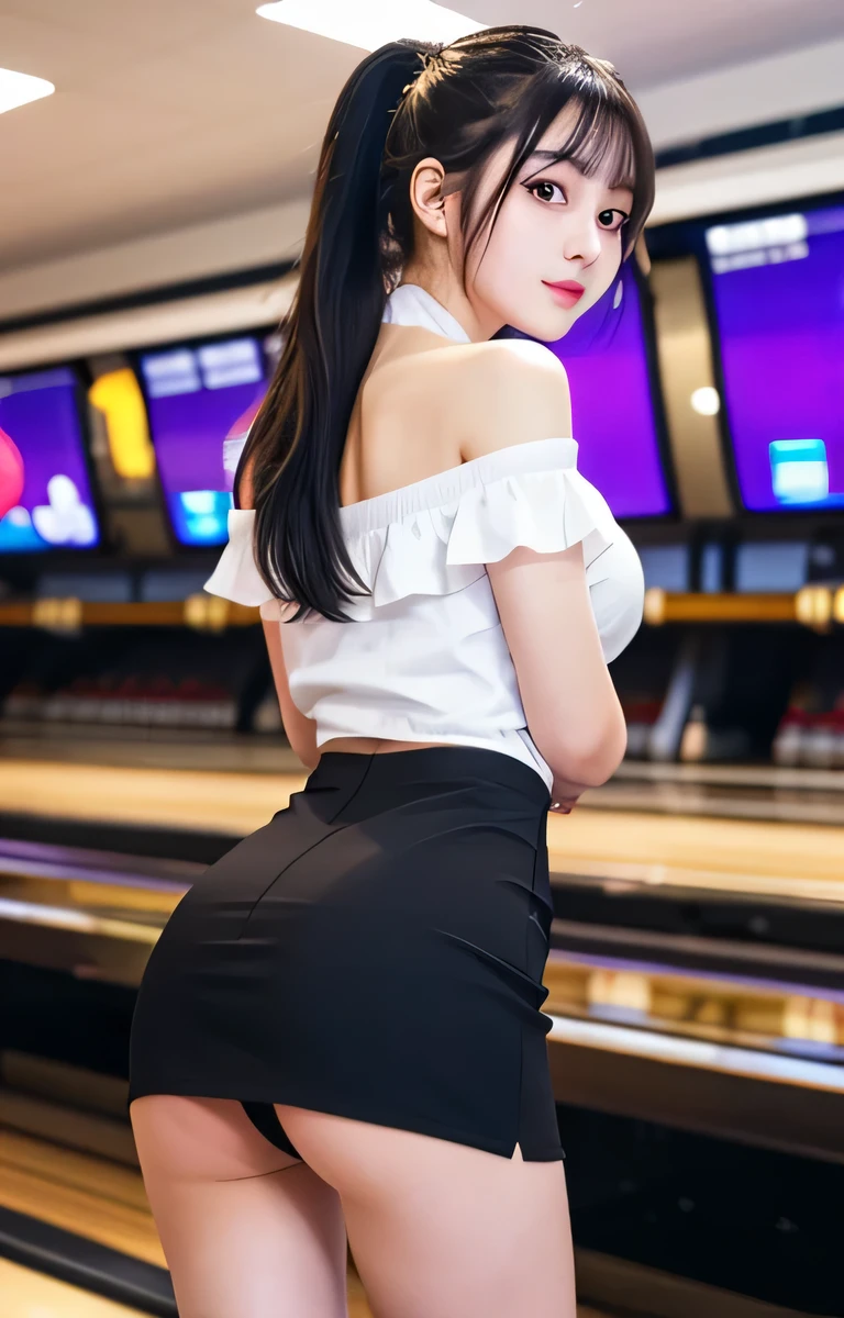 ((Browsing Caution, mini skirt:1.3, Showing panties:1.7, See through, race, zettai ryouiki)), From behind, From behind, arched back, teeth, Leaning forward, Leaning forward, Turn to me, Are standing, Thigh-high socks, (The body is slim, Thin Hips, Thin legs:1.4), (Pale skin:1.2),
Blake Japanese Girl, 20 years old-1 female, Front face, View Viewer, Highly detailed beautiful face, Cute Face, Beautiful Eyes, Shy smile, Perfect Anatomy, Big Breasts, Cleavage, (Long black hair, ponytail:1.3)
BREAK White off-shoulder shirt, Blue ruffled skirt,
Resting at the bowling alley, Play in the bowling alley,
BREAK
Perfect Anatomy, Hands, Feet, Fingers and Arms, Finger 5, Sensual pose, (Shiny skin), (The body is slim), (Thin Hips, Thin legs:1.4), Wide-angle photography, (RAW Photos, highest quality, masterpiece:1.2), (Realistic, photo-Realistic:1.4), (Highly detailed 8k wallpaper)