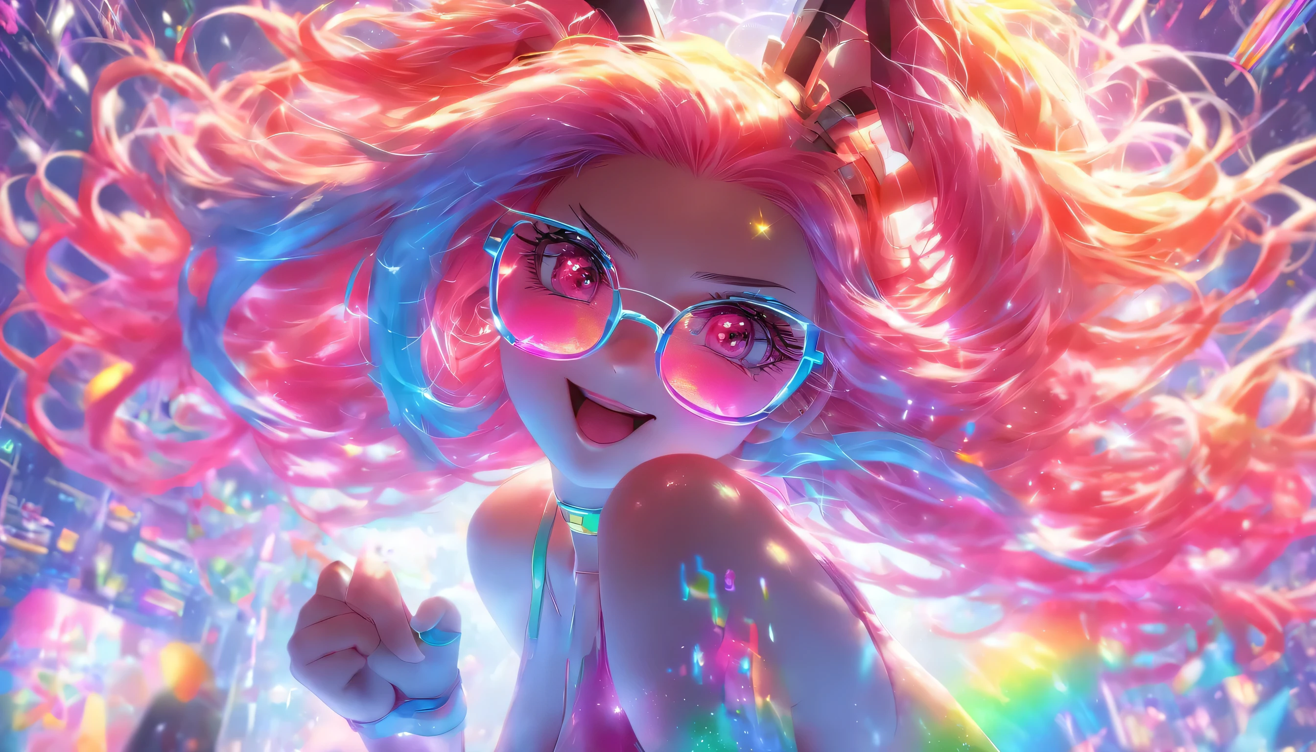 Transparent color PVC clothing, Transparent colorful vinyl Bunny girl, Prismatic, Holographic, chromatic aberration, Fashion Illustration, masterpiece, DJ Girl, View Viewer, 8k, Super detailed, Pixiv、((Colorful Hair))、Wearing headphones、((Full Body))、((Dancing))、((Bunny girl))、((Big Breasts))、(((Rainbow Hair)))、((Wearing cute glasses))