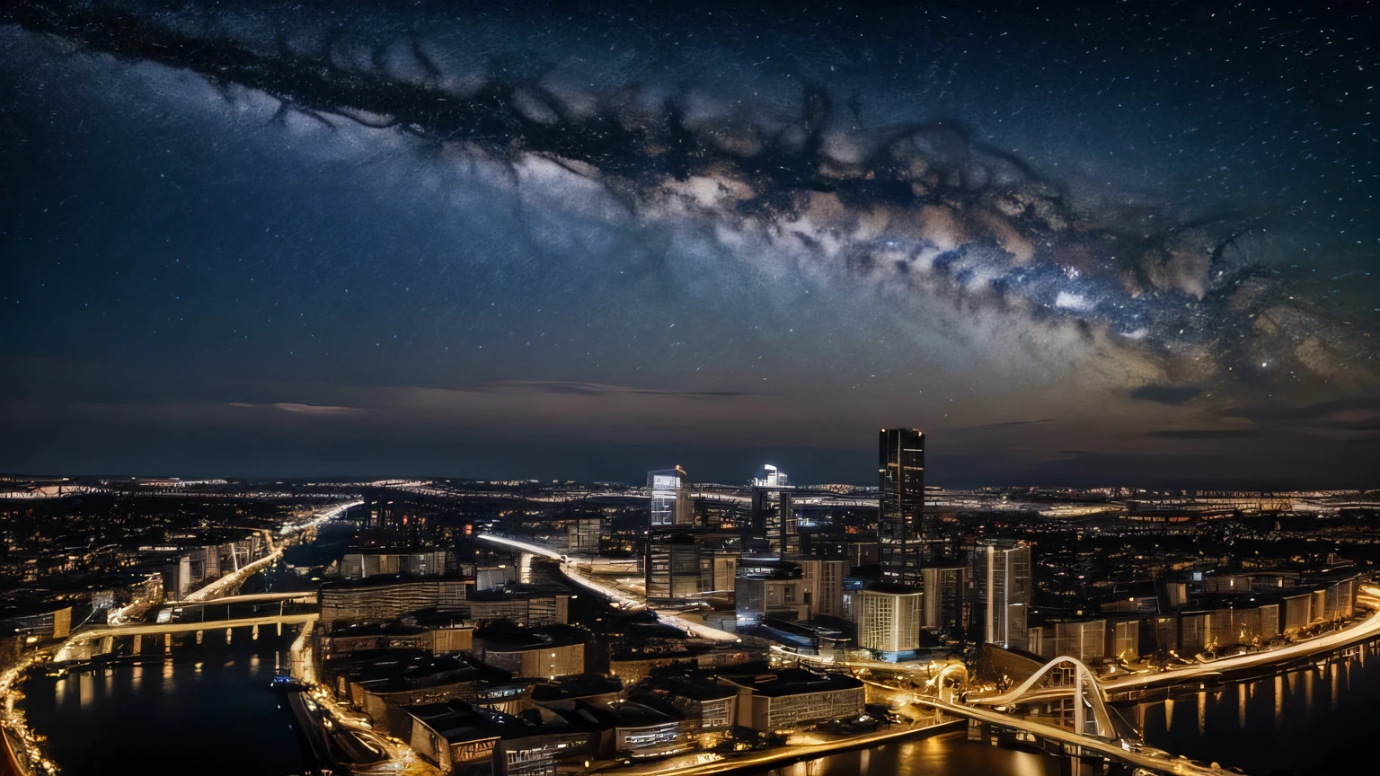 Giant crescent moon、high resolution、born、Standing at Tokyo Skytree、20-year-old woman、Night Scenery、Milky Way Galaxy、Andromeda Galaxy、Tokyo city、Flowing Lines of Light、