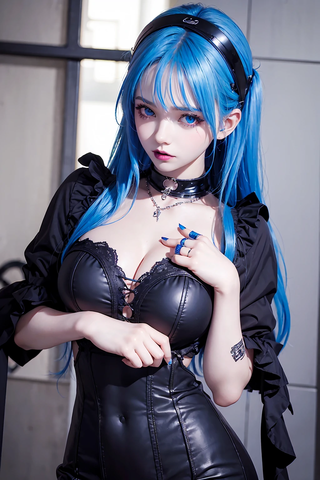 score_9. score_8_up, score_7_up, score_6_up, score_5_up, score_4_up, 1girl, blue hair, curvy, gothic, g0th1cPXL, glowing, neon, devil