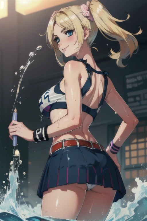 ((masterpiece, best quality, high resolution, UHD, pixel perfect, depth of field, 32k)), 1 girl, (Julieta starling, two long pigtails, animator, crop top,under breast, clothing writing, ((blue pencil miniskirt)), details eyes, big breast, tits, erect nipples, fall in love, white panties, round ass, blushing,shiny skin , wet skin, dripping water all over the body, thighs, belt, wristband, midriff, blonde hair, blue eyes:1.3)(School gym, wink, happy), BREAK, (back view 1.2), with his back turned towards the viewer, with a mischievous smile