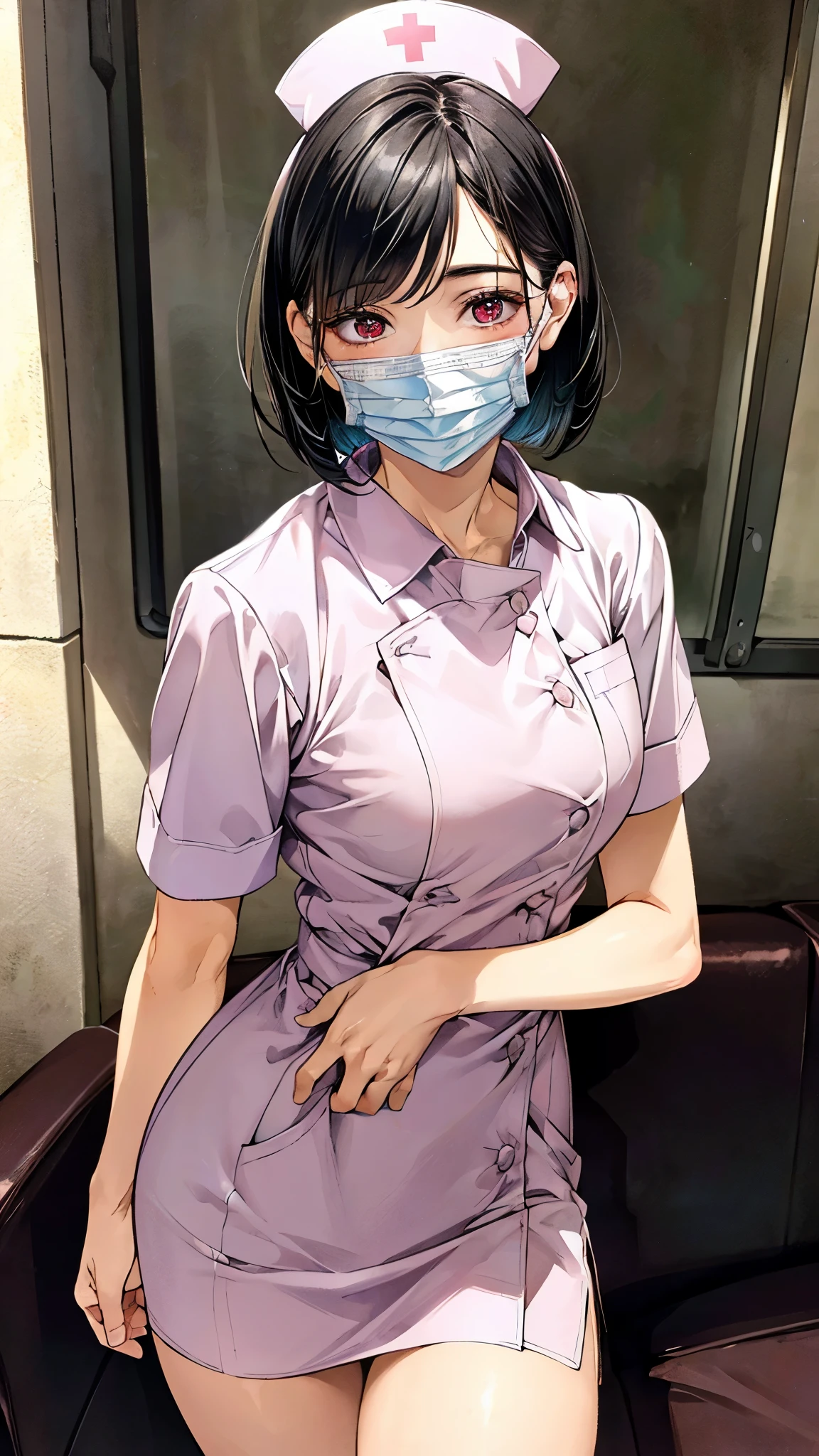 (masterpiece:1.3, top-quality, ultra high res, ultra detailed), (realistic, photorealistic:1.4), beautiful illustration, perfect lighting, natural lighting, colorful, depth of fields,
beautiful detailed hair, beautiful detailed face, beautiful detailed eyes, beautiful clavicle, beautiful body, beautiful chest, beautiful thigh, beautiful legs, beautiful fingers,
looking at viewer, (breast focus), 1 girl, nurse, 19 years old, (perfect anatomy, anatomically correct, super detailed skin), cute and symmetrical face, face, shiny skin,
(short hair, bob cut, black hair), swept bangs, dark red eyes, shining eyes, long eyelashes, (slightly larger breasts, perfect round butt), perfect face, perfect eyes, outstanding style, ,
(wearing white nurse clothes:1.2), upstyle, nurse uniform, (mask), mini skirt, nurse, pink outfit, thinl, clear, white uniform, neck auscultation,
(beautiful scenery), night, (hospital, sofa), crossing legs, walking around the city, standing, (full smile),